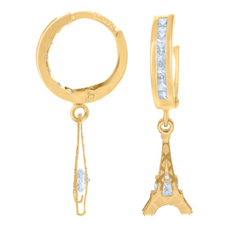 10kt Yellow Gold Mens Cubic-Zirconia Eiffel Tower Dangle Hoop Earrings