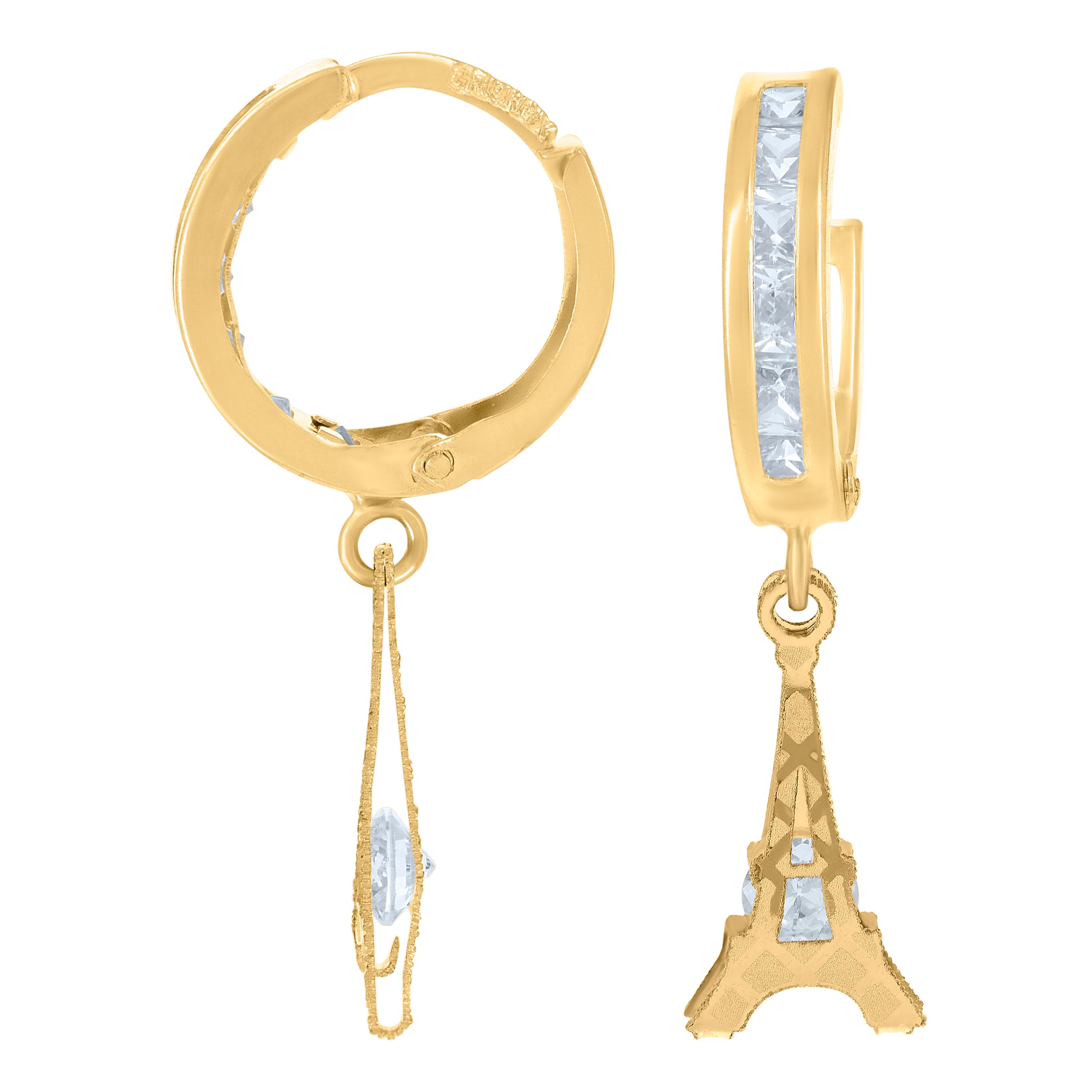 10kt Yellow Gold Mens Cubic-Zirconia Eiffel Tower Dangle Hoop Earrings