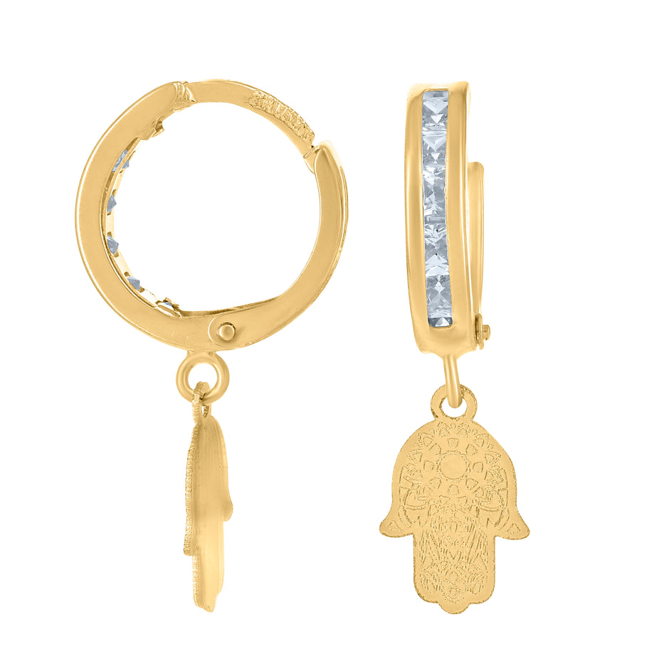 10kt Yellow Gold Mens Cubic-Zirconia Hamsa Dangle Hoop Earrings