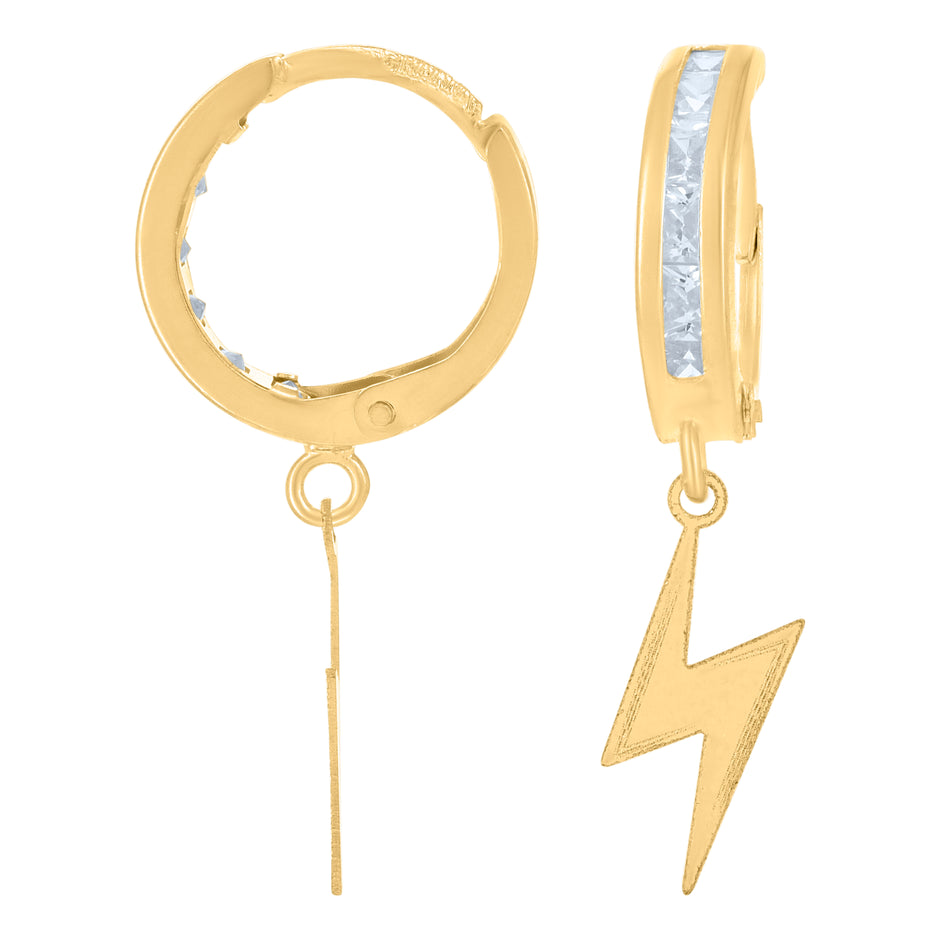 10kt Yellow Gold Unisex Cubic-Zirconia Lighting Bolt Dangle Hoop Earrings