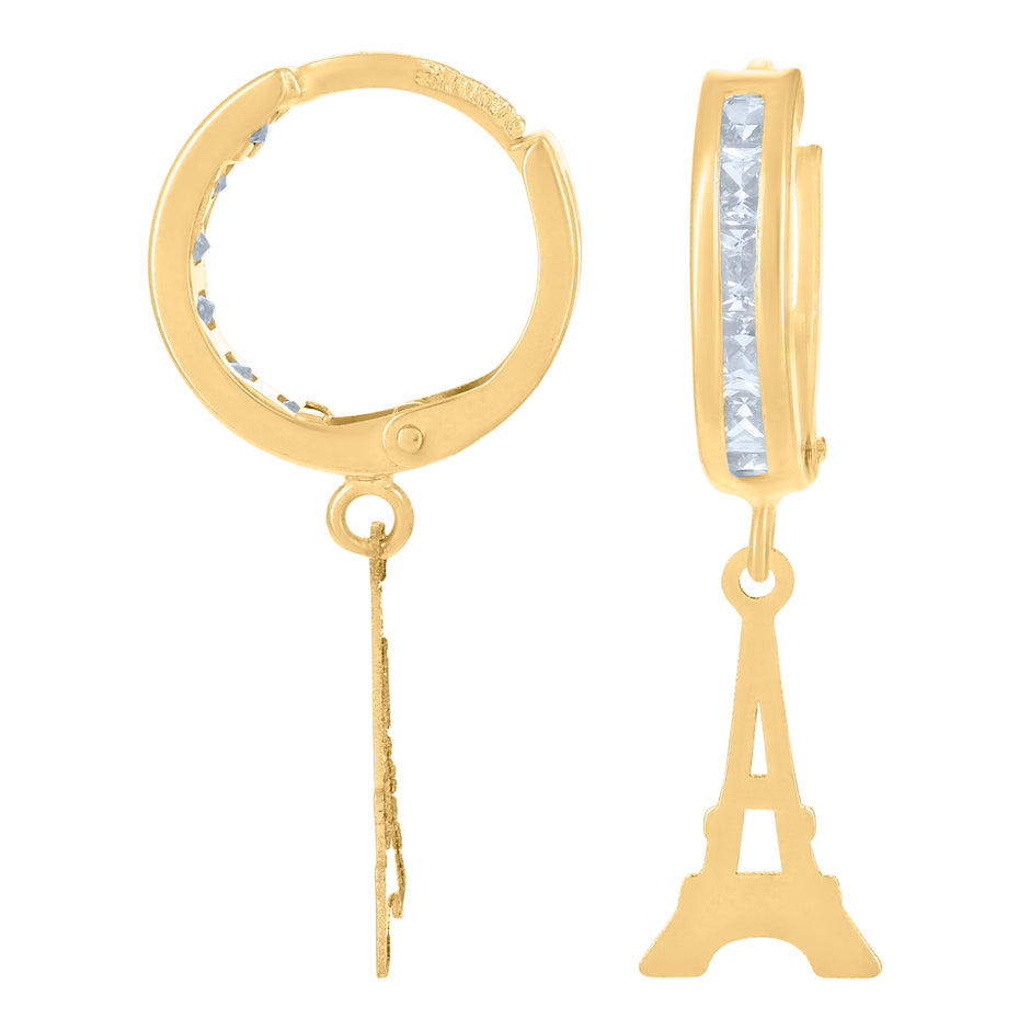 10kt Yellow Gold Mens Cubic-Zirconia Eiffel Tower Dangle Hoop Earrings