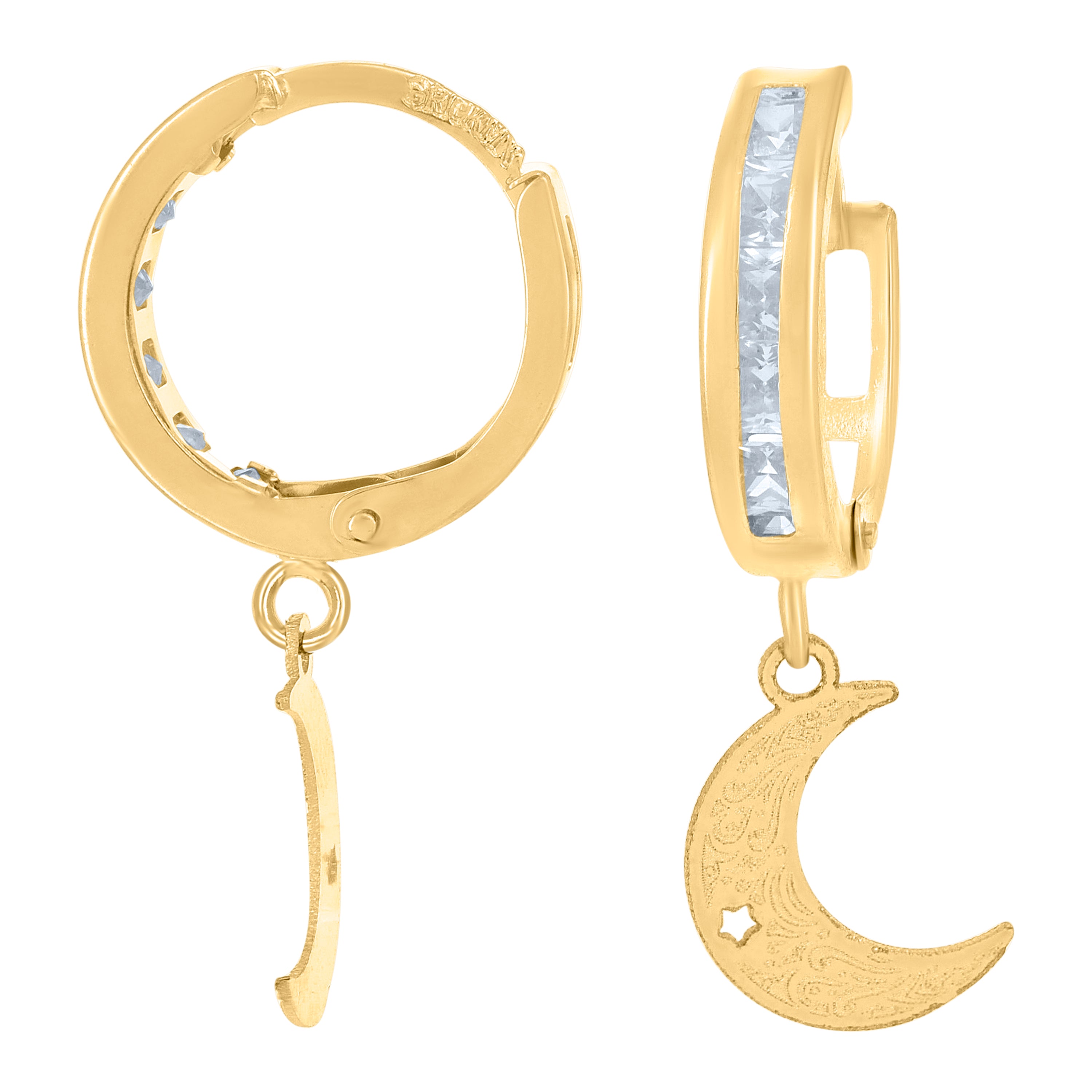 10kt Yellow Gold Unisex Cubic-Zirconia Moon Dangle Hoop Earrings