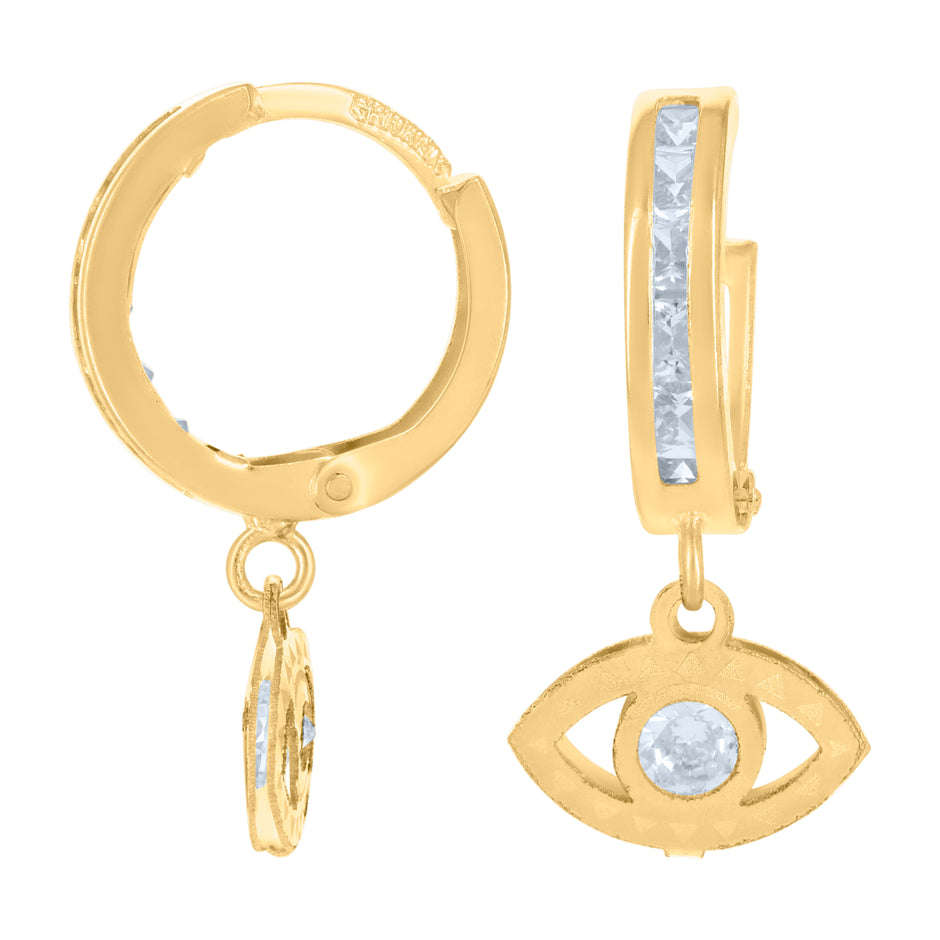 10kt Yellow Gold Mens Cubic-Zirconia Evil Eye Dangle Hoop Earrings