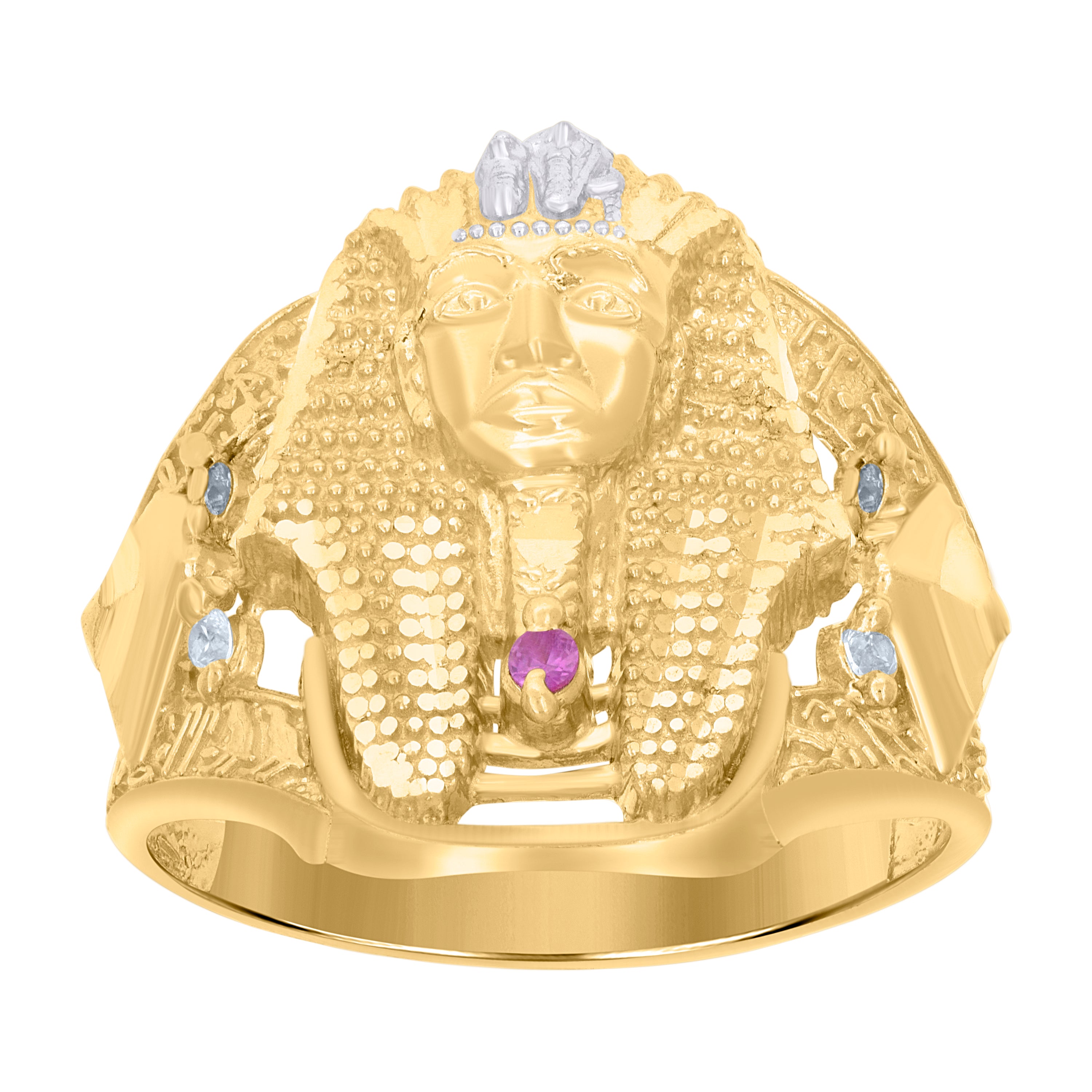 10kt Two-tone Gold Men Pink White Cubic-Zirconia Pharaoh Egyptian Ring