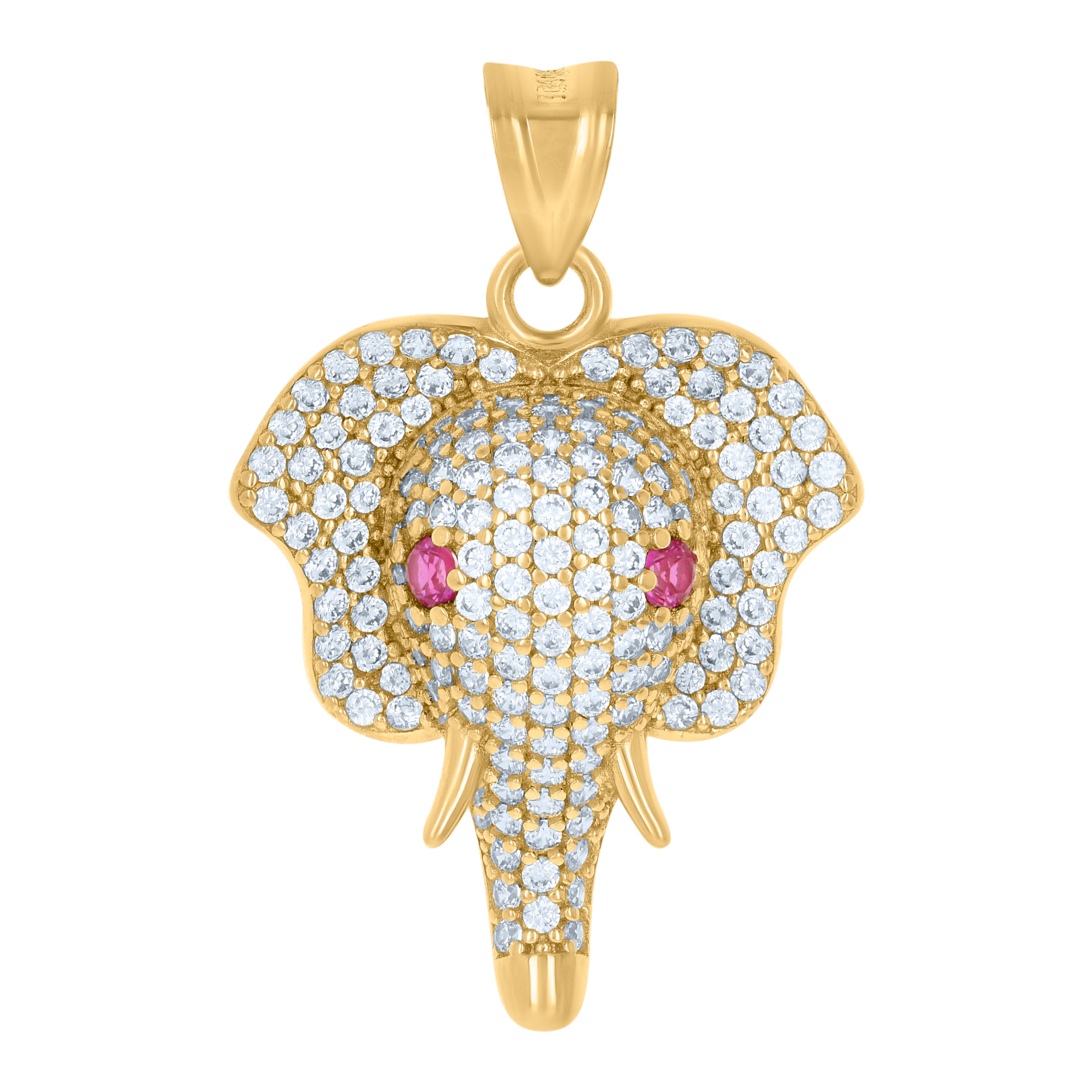 10kt Yellow Gold Mens Pink White Cubic-Zirconia Elephant Head Charm Pendant 