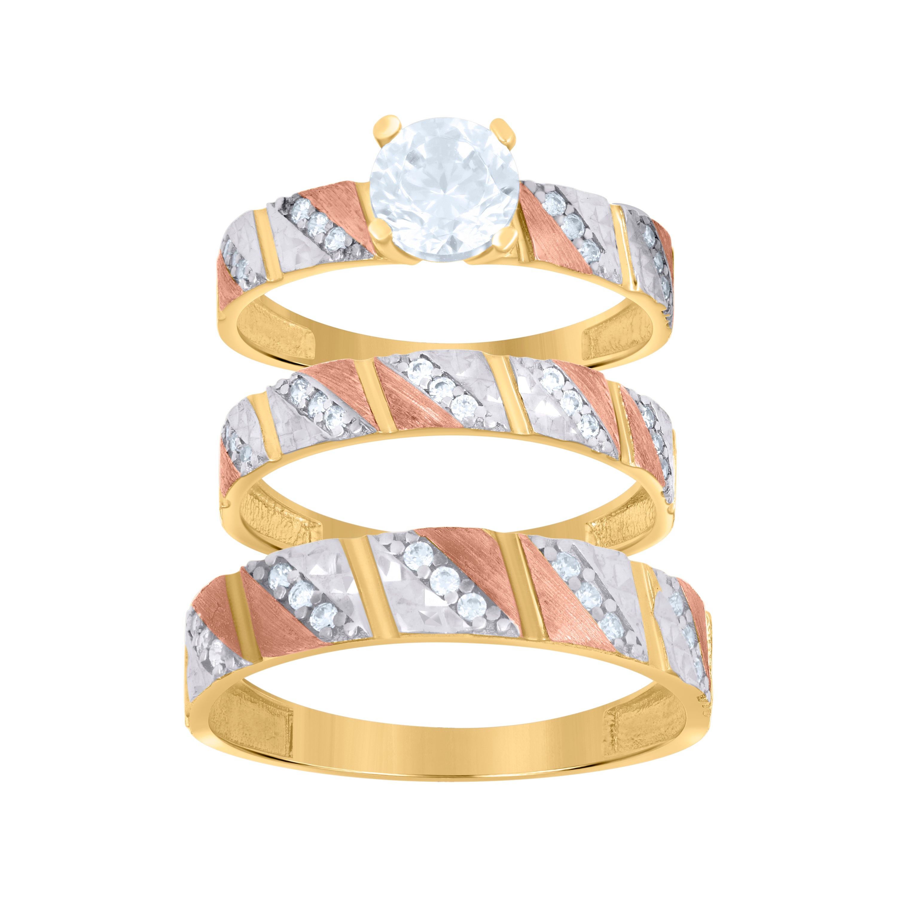 10kt Tri-Color Gold Womens Cubic-Zirconia Trio Ring Set
