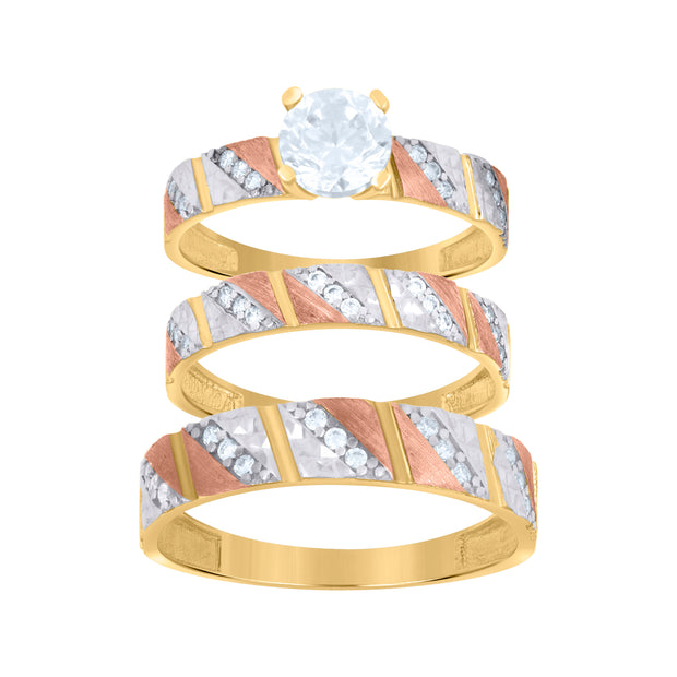 10kt Tri-Color Gold Womens Cubic-Zirconia Trio Ring Set