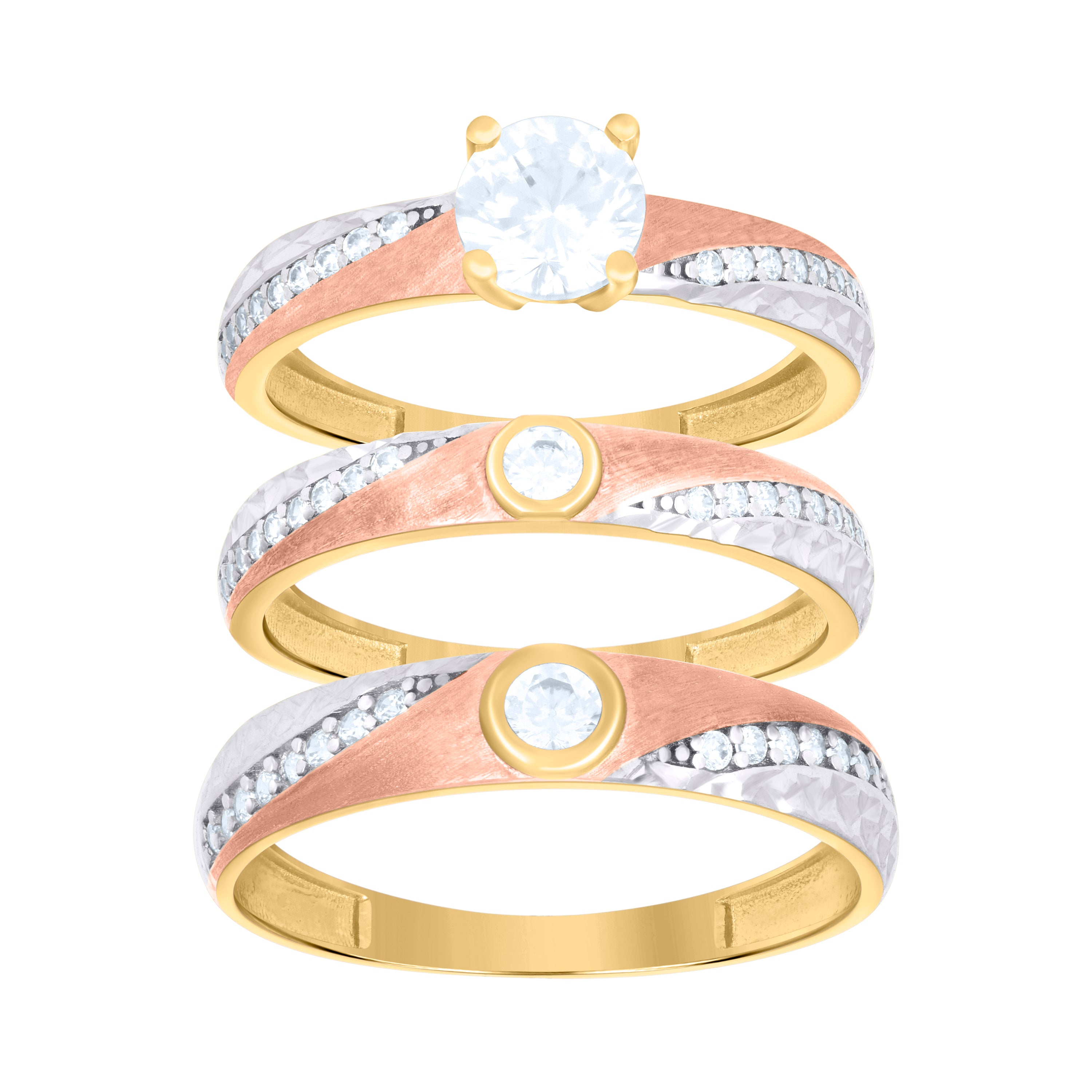 10kt Tri-Color Gold Womens Cubic-Zirconia Trio Ring Set
