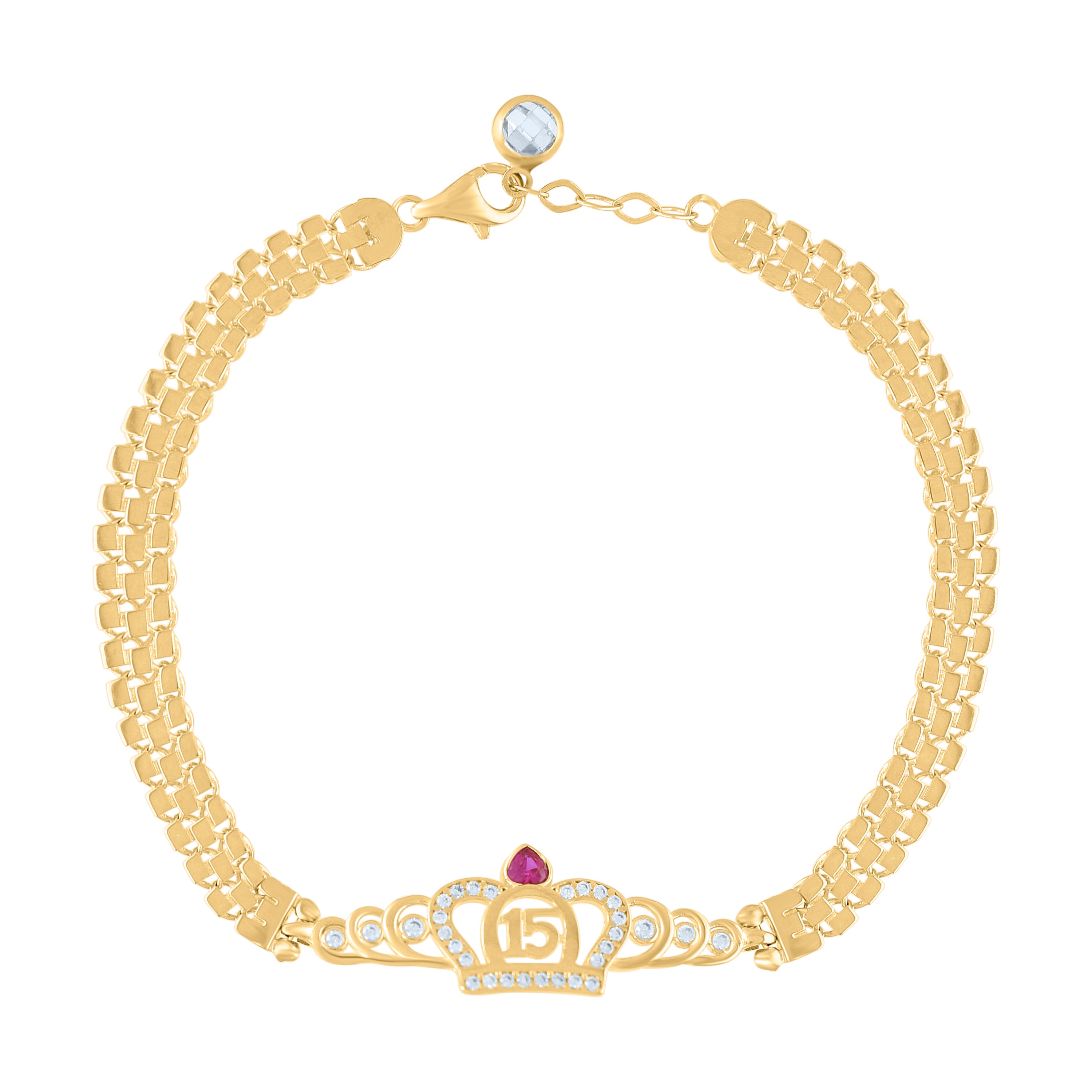 10kt Yellow Gold Womens Pink White Cubic-Zirconia Sweet 15 Anos Quinceanera Crown Charm Bracelet Size 8 Inches