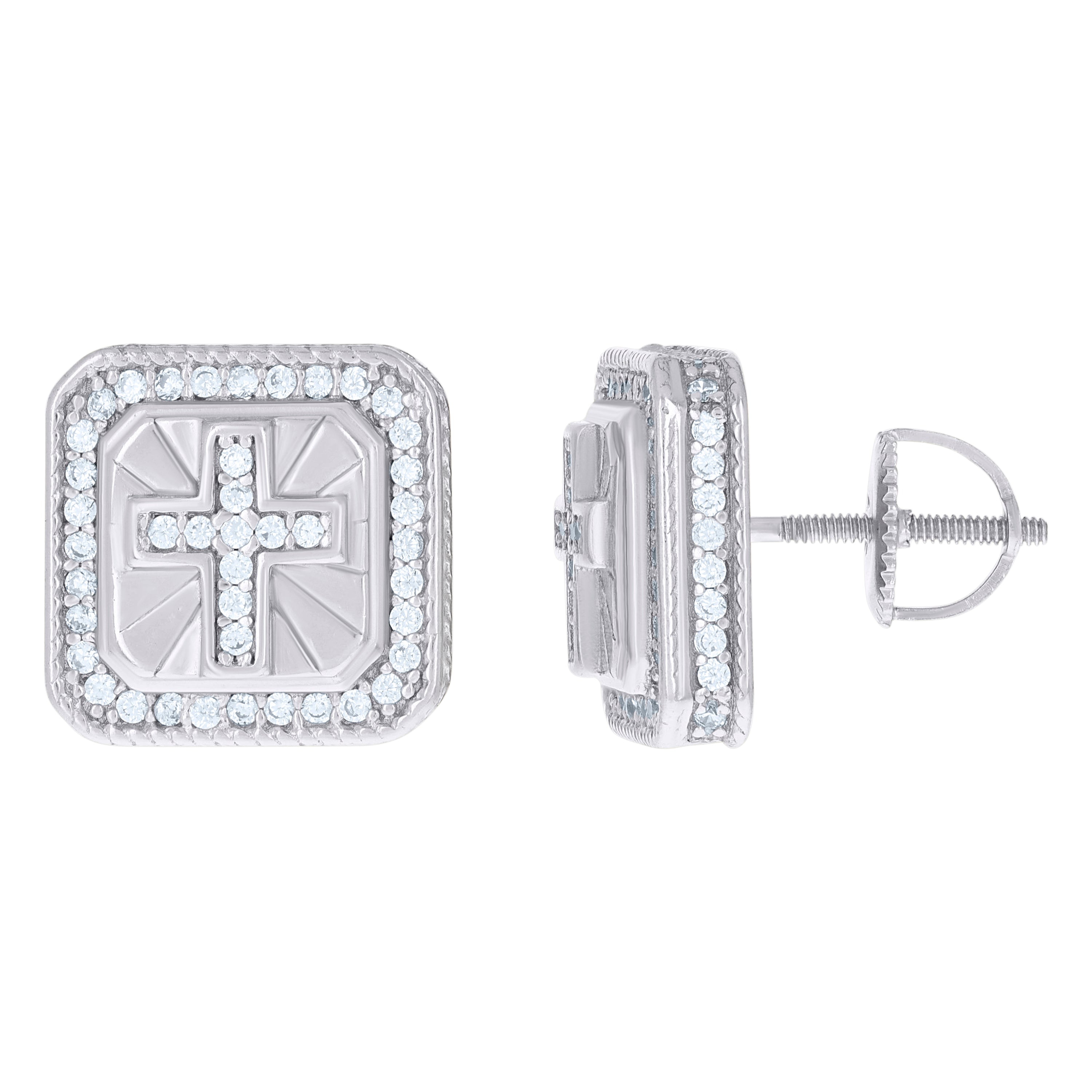 925 Sterling Silver Men Cubic-Zirconia Cross Religious Stud Earrings