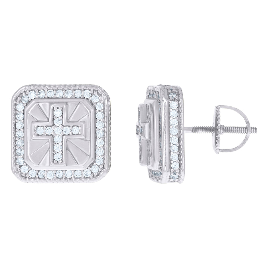 925 Sterling Silver Men Cubic-Zirconia Cross Religious Stud Earrings