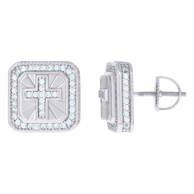 925 Sterling Silver Men Cubic-Zirconia Cross Religious Stud Earrings
