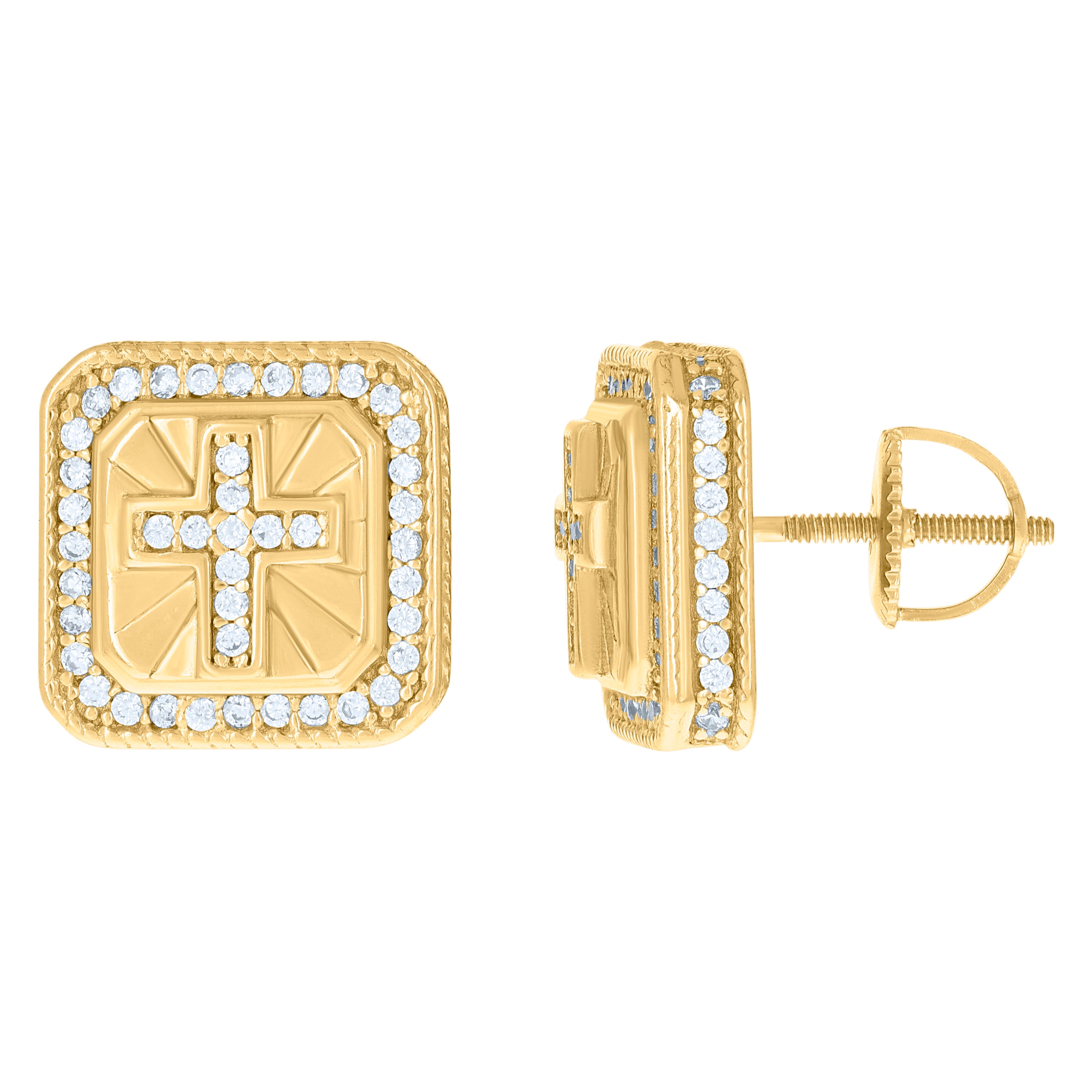 925 Sterling Silver Yellow-tone Men Cubic-Zirconia Cross Religious Stud Earrings
