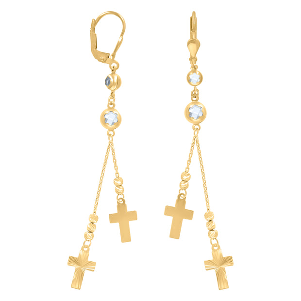 10kt Yellow Gold Womens Cubic-Zirconia Cross Religious Beaded Dangle Leverback Earrings