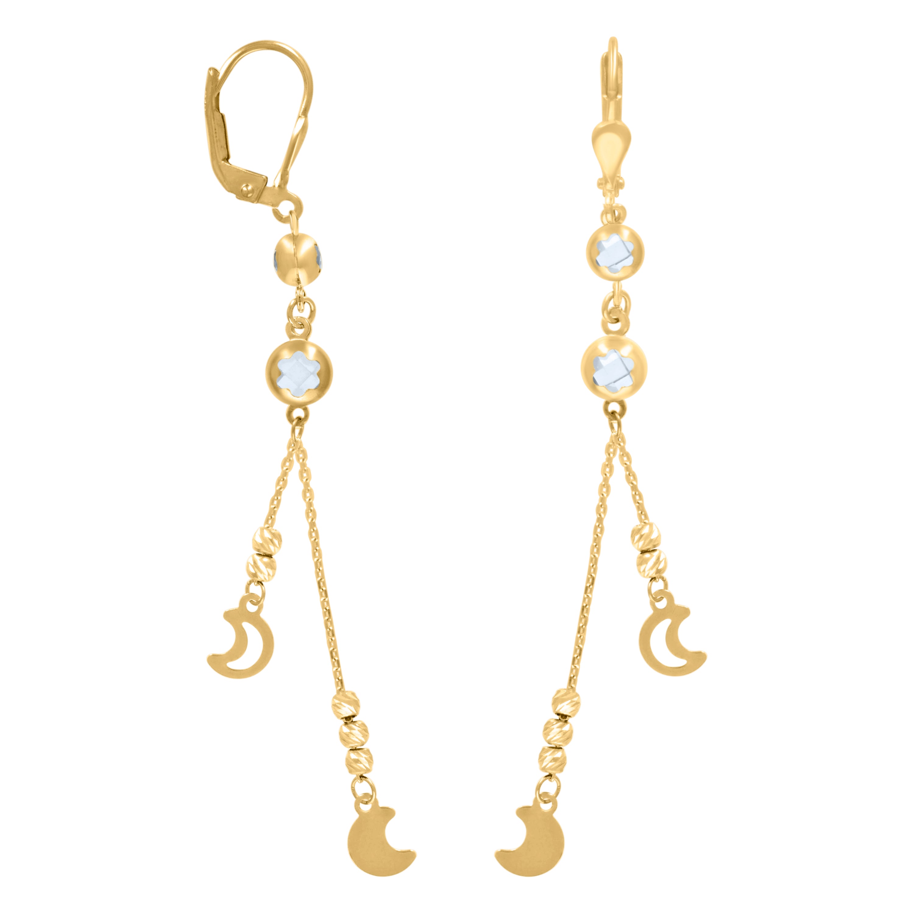 10kt Yellow Gold Womens Cubic-Zirconia Moon Beaded Dangle Leverback Earrings