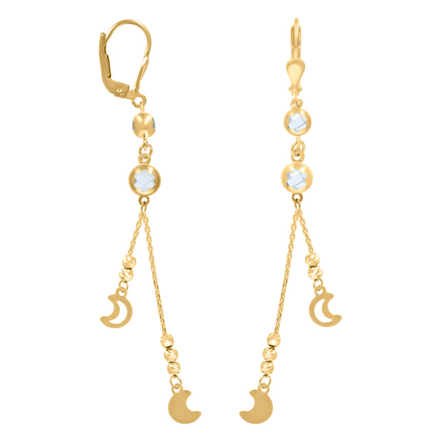 10kt Yellow Gold Womens Cubic-Zirconia Moon Beaded Dangle Leverback Earrings