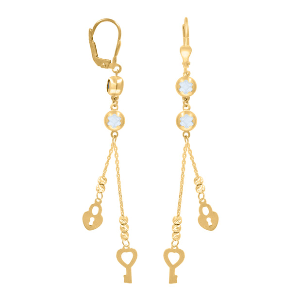 10kt Yellow Gold Womens Cubic-Zirconia Lock & Key Beaded Dangle Leverback Earrings