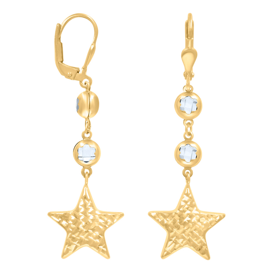 10kt Yellow Gold Womens Cubic-Zirconia Star Dangle Leverback Earrings