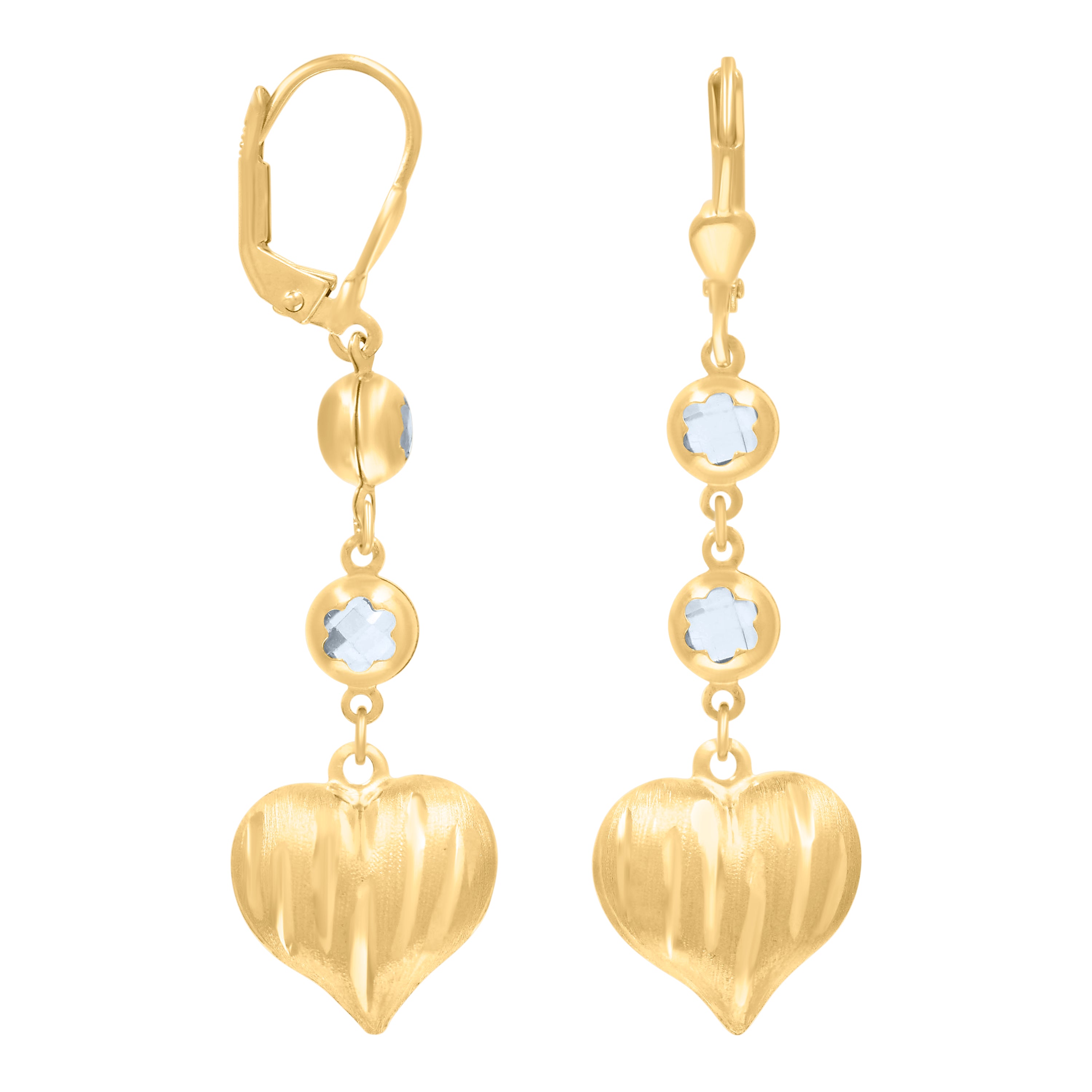 10kt Yellow Gold Womens Cubic-Zirconia Heart Dangle Leverback Earrings