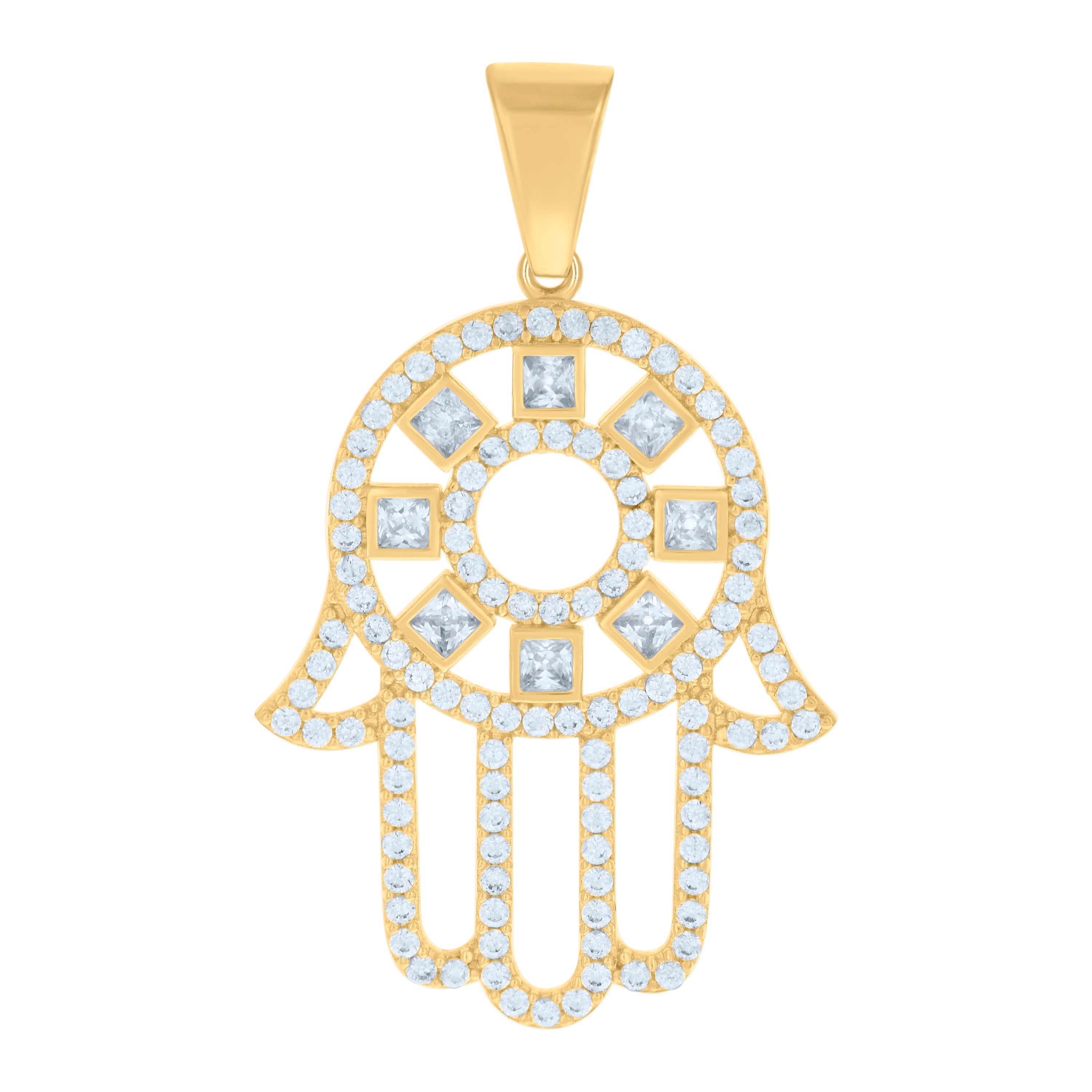 10kt Yellow Gold Mens Princess Cut Round Cubic-Zirconia Hamsa Symbol Religious Charm Pendant