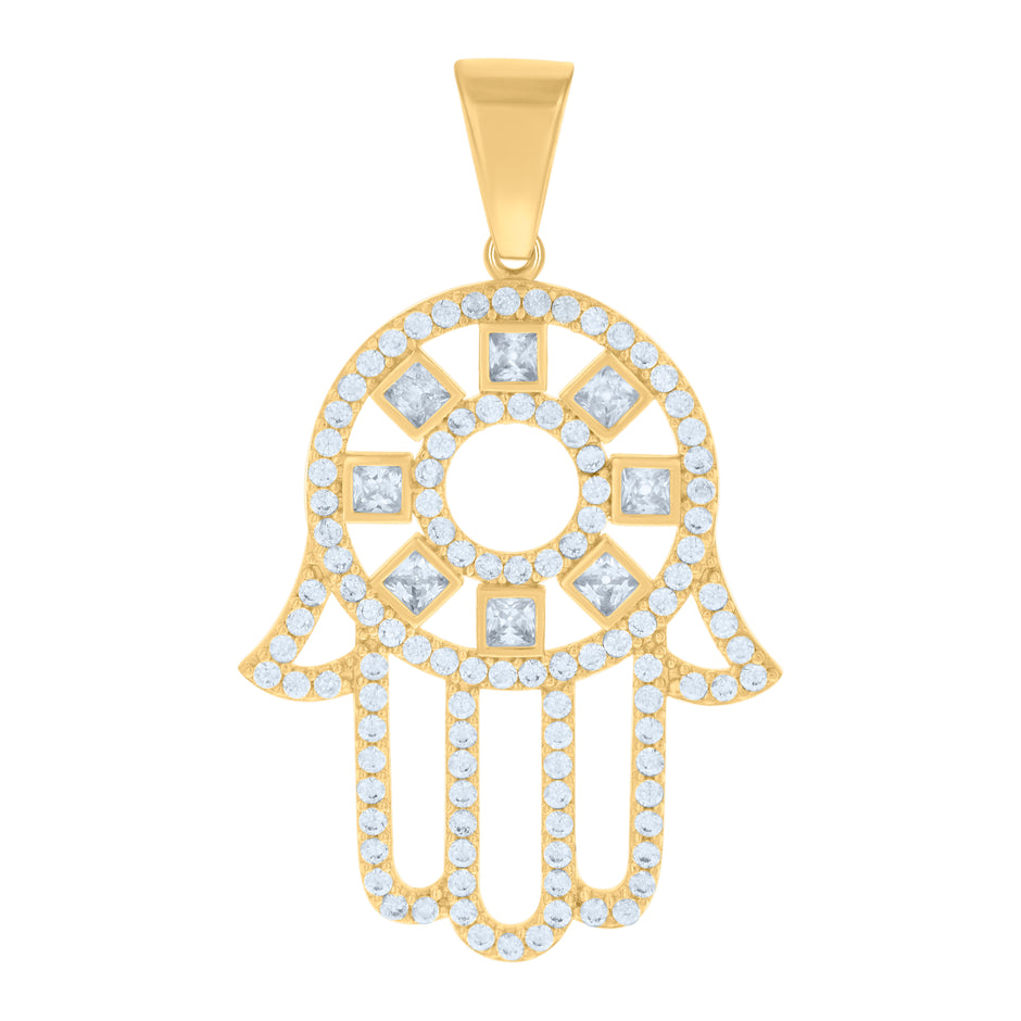 10kt Yellow Gold Mens Princess Cut Round Cubic-Zirconia Hamsa Symbol Religious Charm Pendant