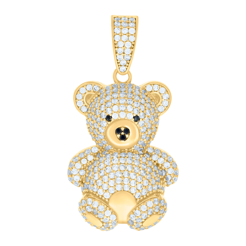10kt Yellow Gold Mens Black White Cubic-Zirconia Teddy Bear Charm Pendant