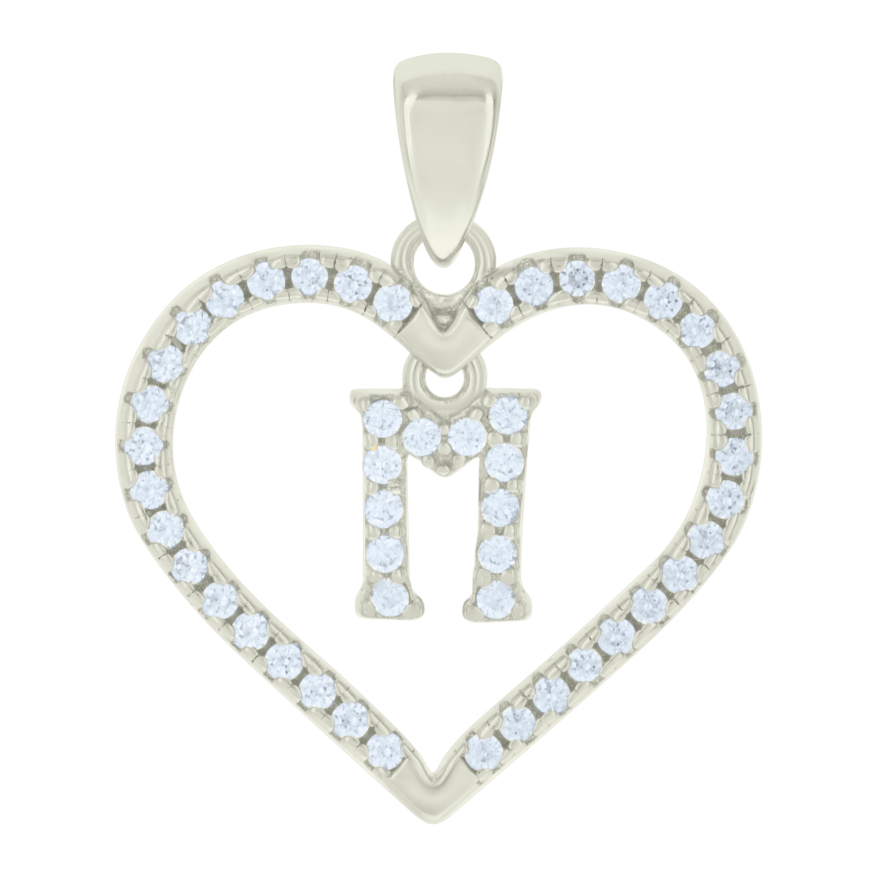 925 Sterling Silver Womens Cubic-Zirconia Initial Alphabet M Heart Charm Pendant