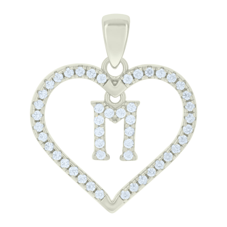 925 Sterling Silver Womens Cubic-Zirconia Initial Alphabet M Heart Charm Pendant