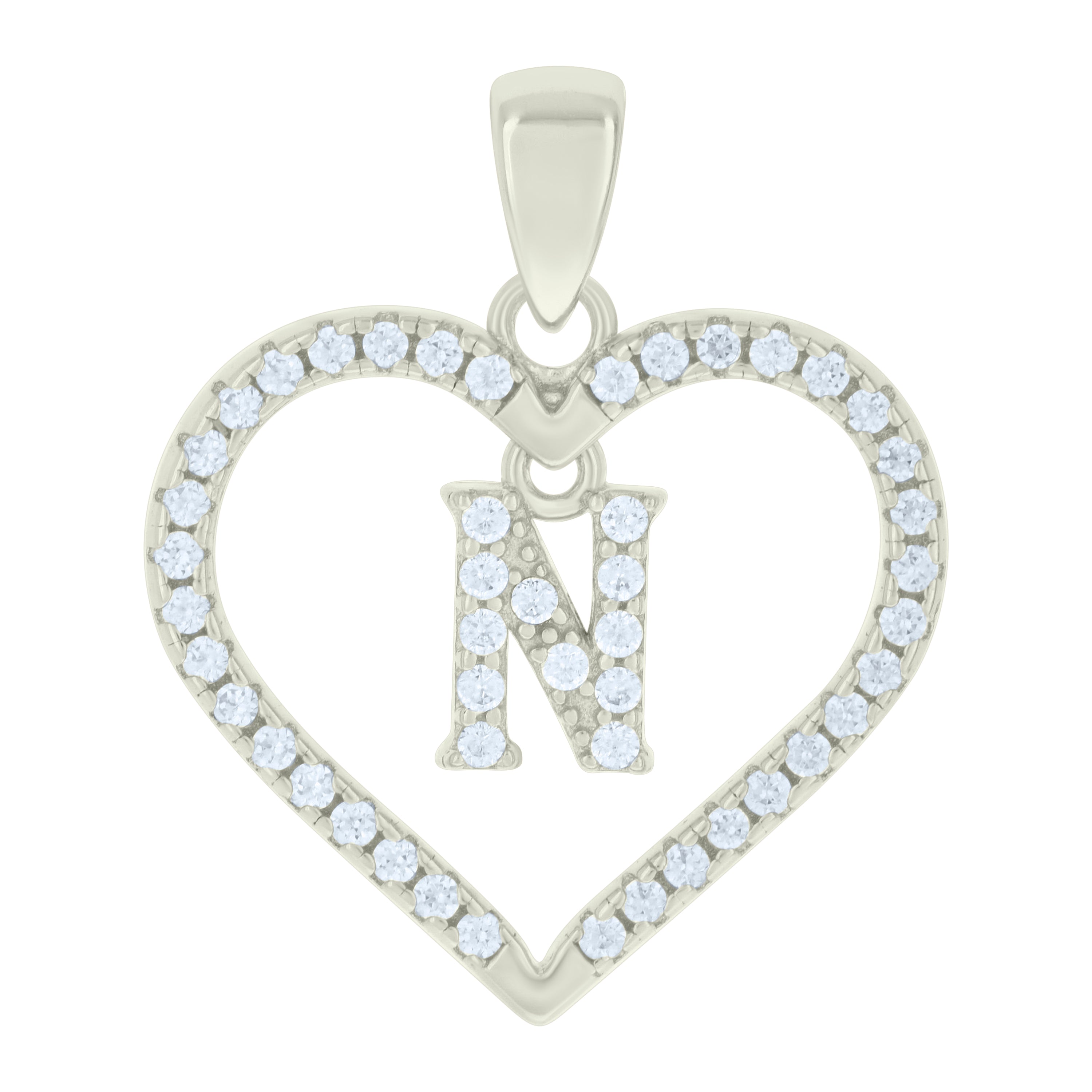 925 Sterling Silver Womens Cubic-Zirconia Initial Alphabet N Heart Charm Pendant