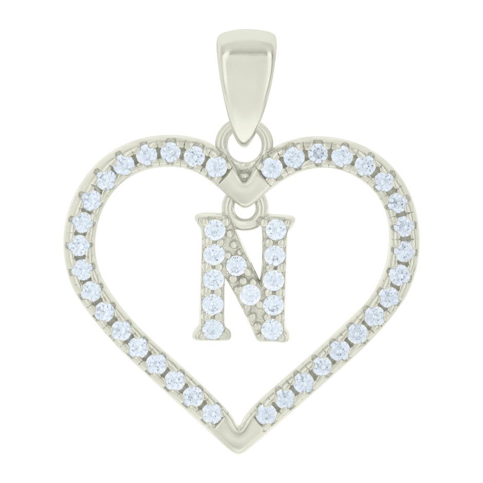 925 Sterling Silver Womens Cubic-Zirconia Initial Alphabet N Heart Charm Pendant