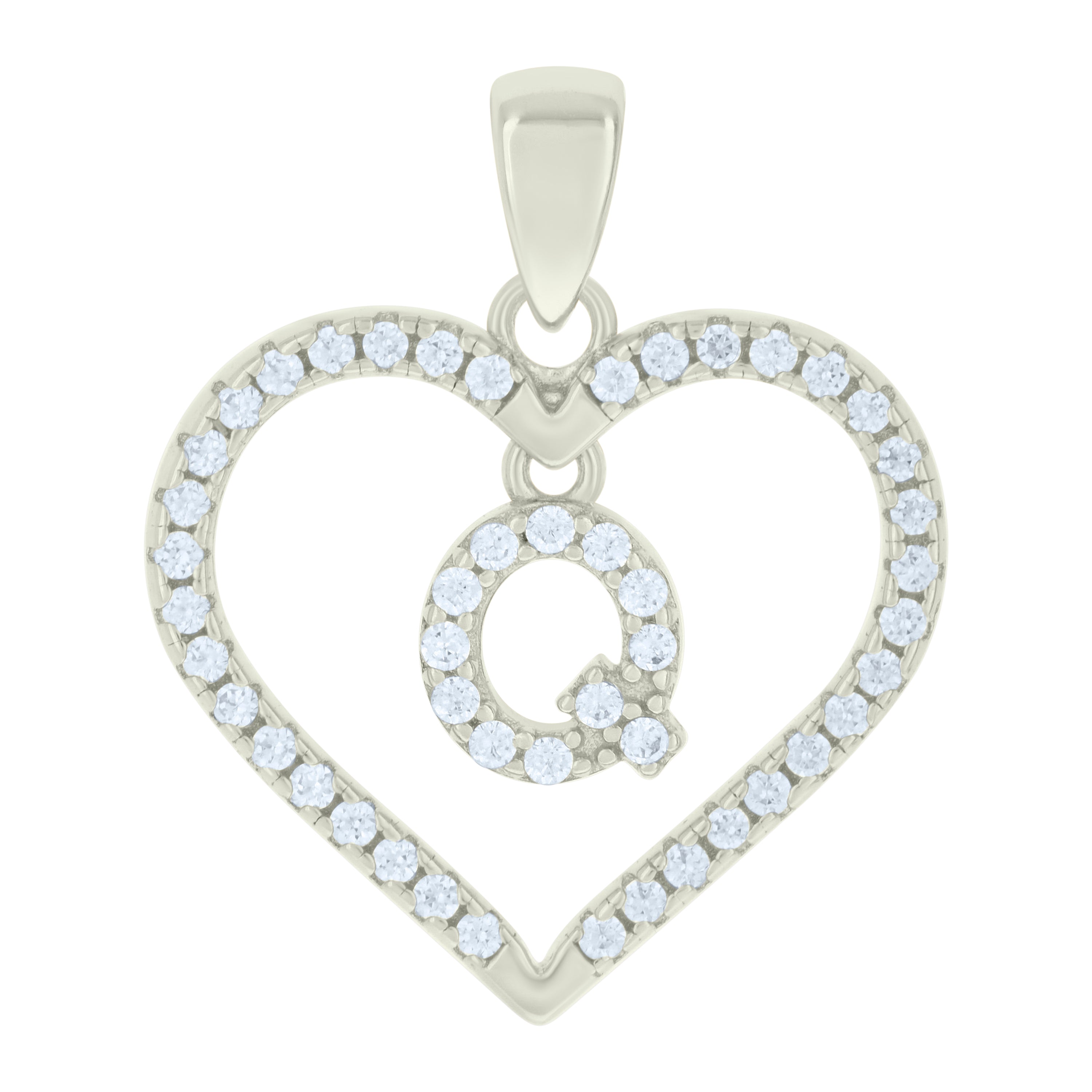 925 Sterling Silver Womens Cubic-Zirconia Initial Alphabet Q Heart Charm Pendant