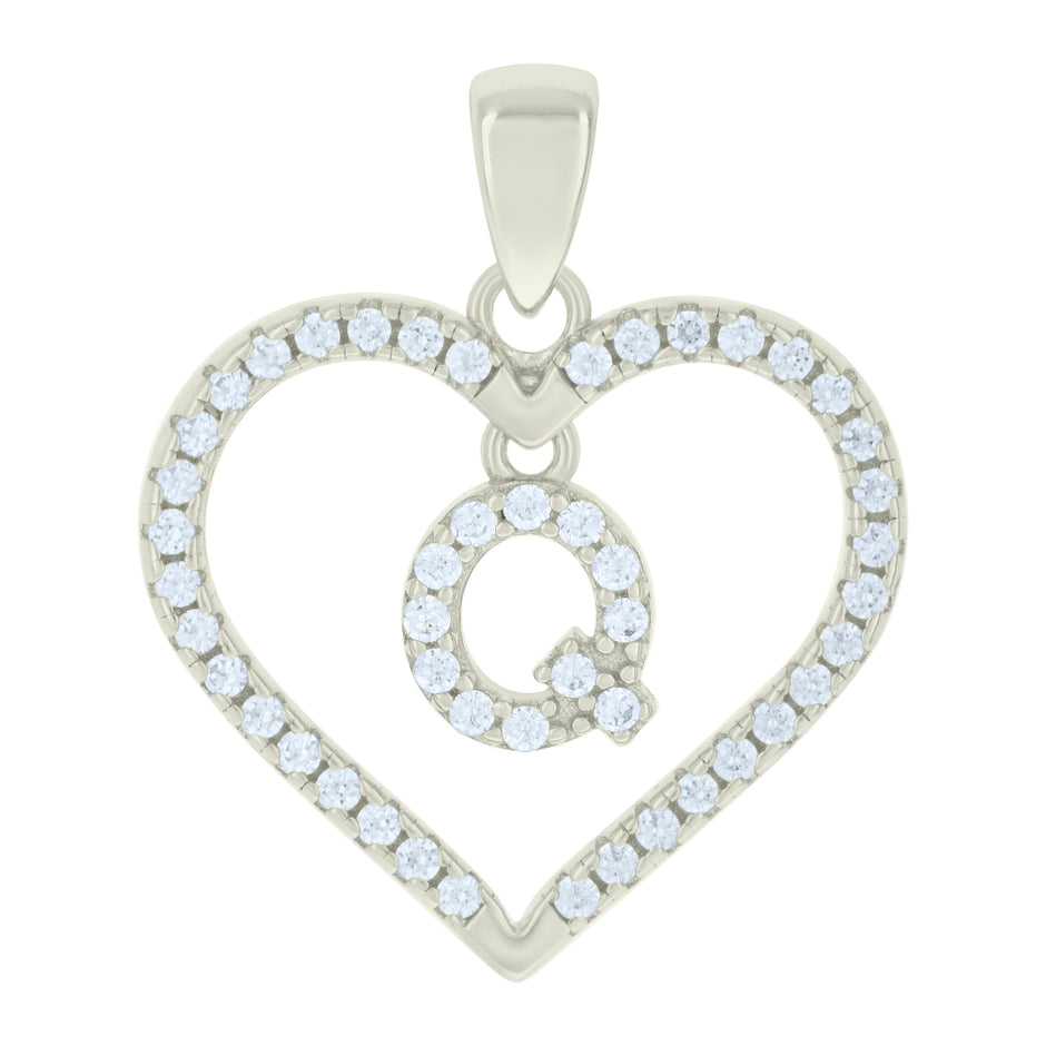 925 Sterling Silver Womens Cubic-Zirconia Initial Alphabet Q Heart Charm Pendant