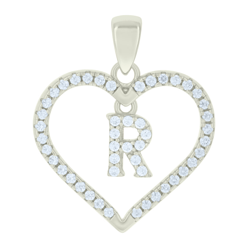 925 Sterling Silver Womens Cubic-Zirconia Initial Alphabet R Heart Charm Pendant