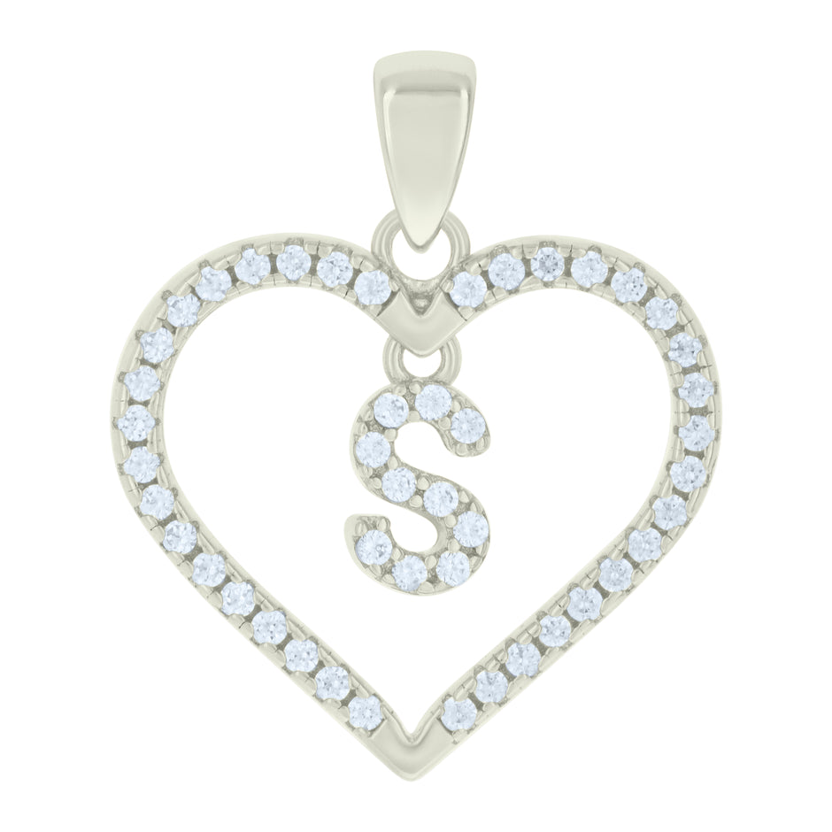 925 Sterling Silver Womens Cubic-Zirconia Initial Alphabet S Heart Charm Pendant
