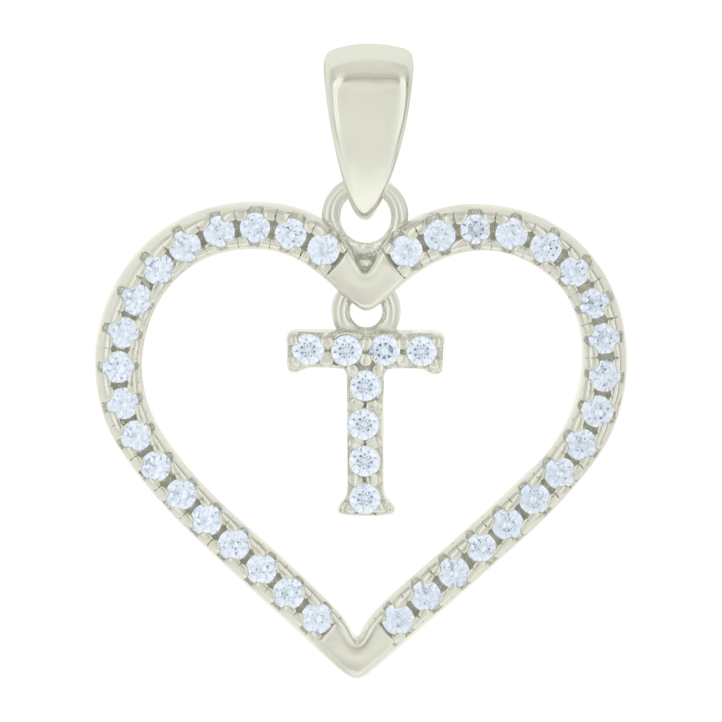 925 Sterling Silver Womens Cubic-Zirconia Initial Alphabet T Heart Charm Pendant