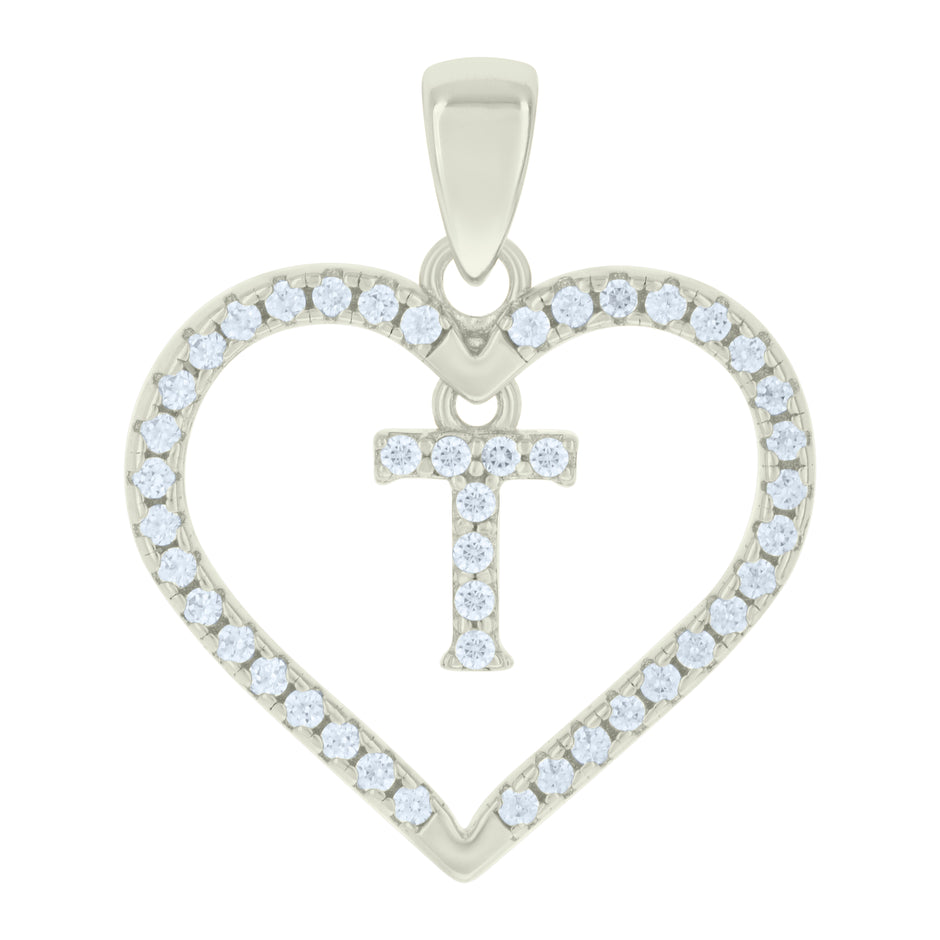925 Sterling Silver Womens Cubic-Zirconia Initial Alphabet T Heart Charm Pendant