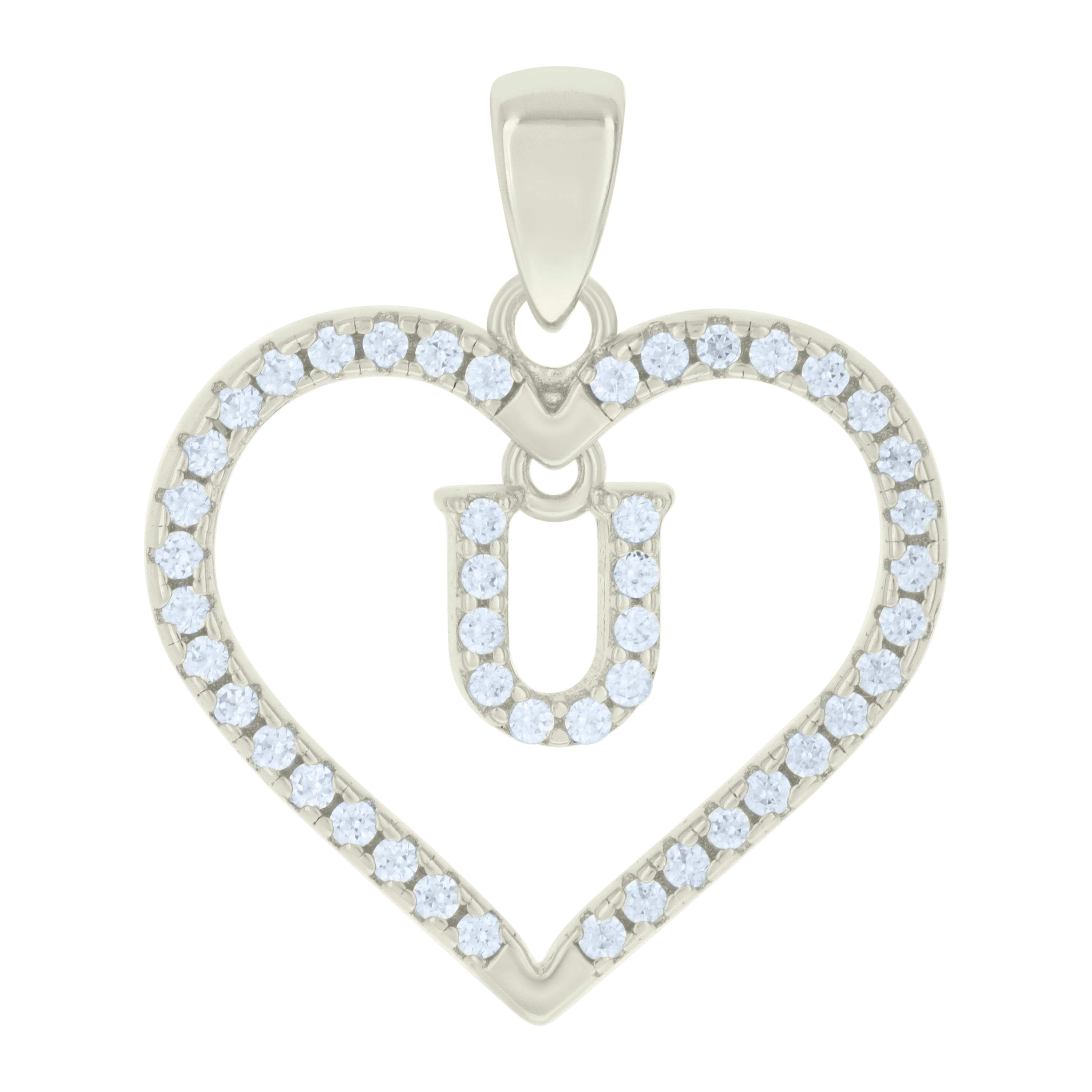 925 Sterling Silver Womens Cubic-Zirconia Initial Alphabet U Heart Charm Pendant