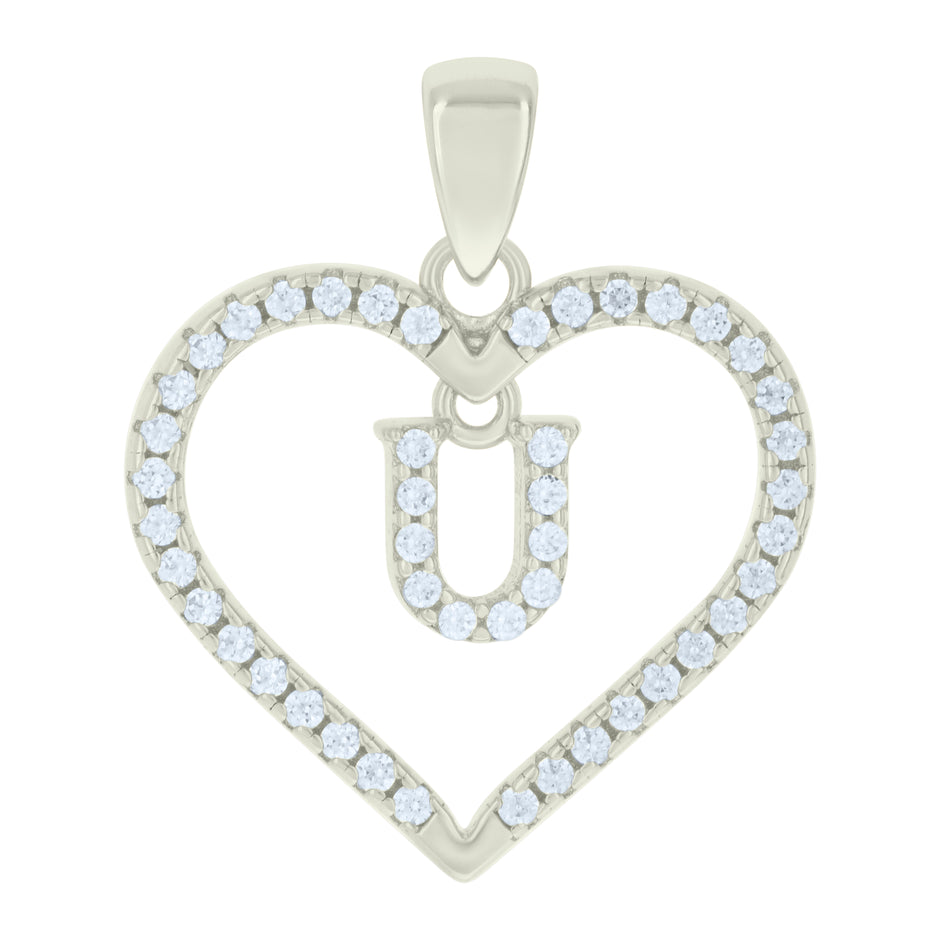 925 Sterling Silver Womens Cubic-Zirconia Initial Alphabet U Heart Charm Pendant