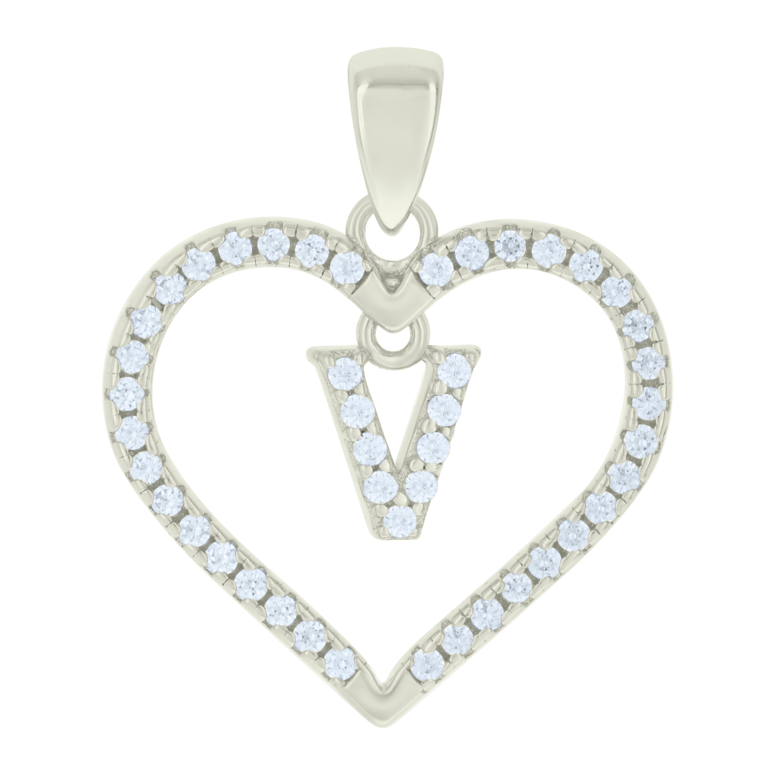 925 Sterling Silver Womens Cubic-Zirconia Initial Alphabet V Heart Charm Pendant