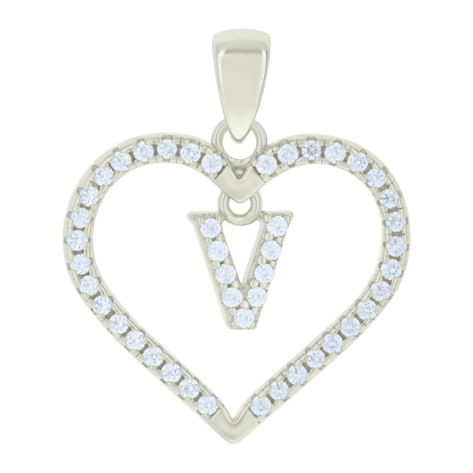 925 Sterling Silver Womens Cubic-Zirconia Initial Alphabet V Heart Charm Pendant