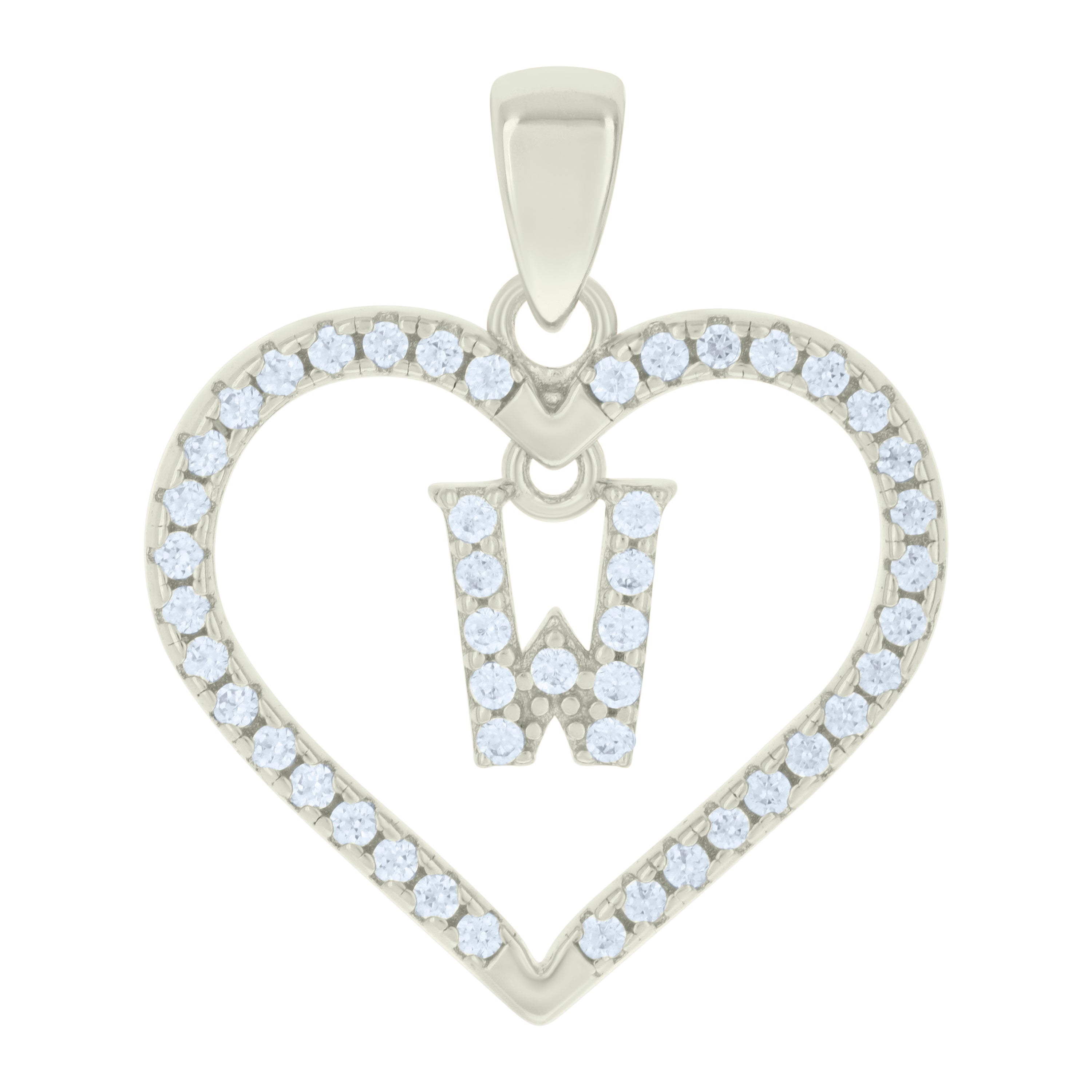 925 Sterling Silver Womens Cubic-Zirconia Initial Alphabet W Heart Charm Pendant