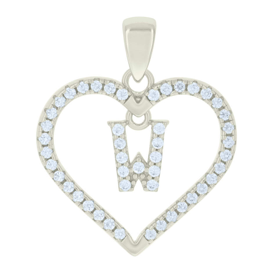 925 Sterling Silver Womens Cubic-Zirconia Initial Alphabet W Heart Charm Pendant