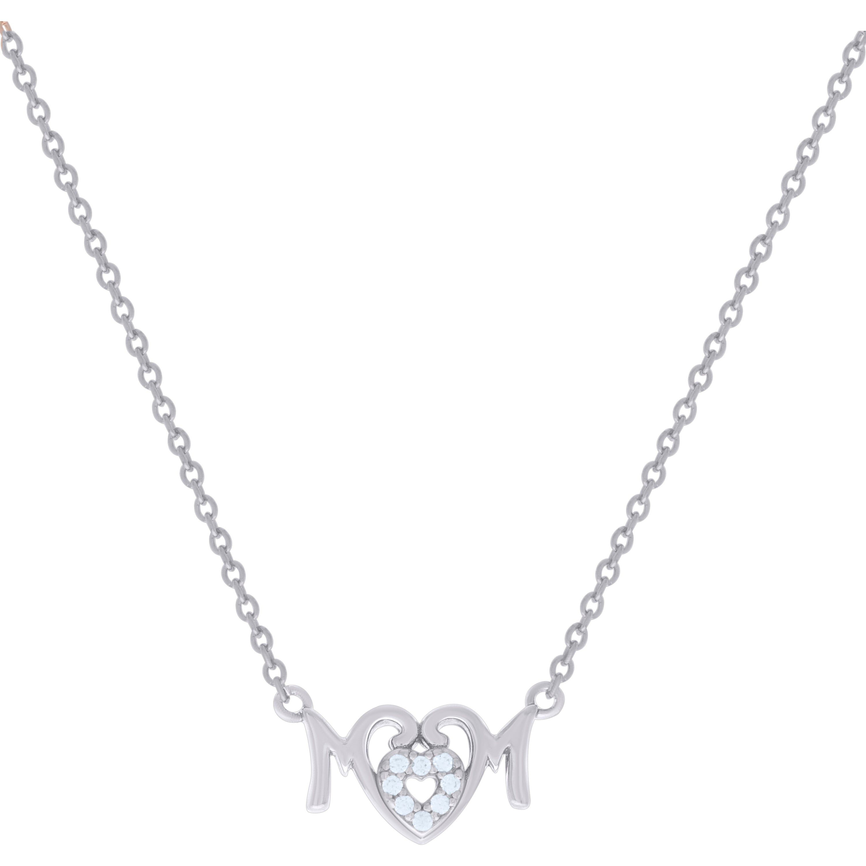 925 Sterling Silver Womens Cubic-Zirconia Heart Mom Necklace