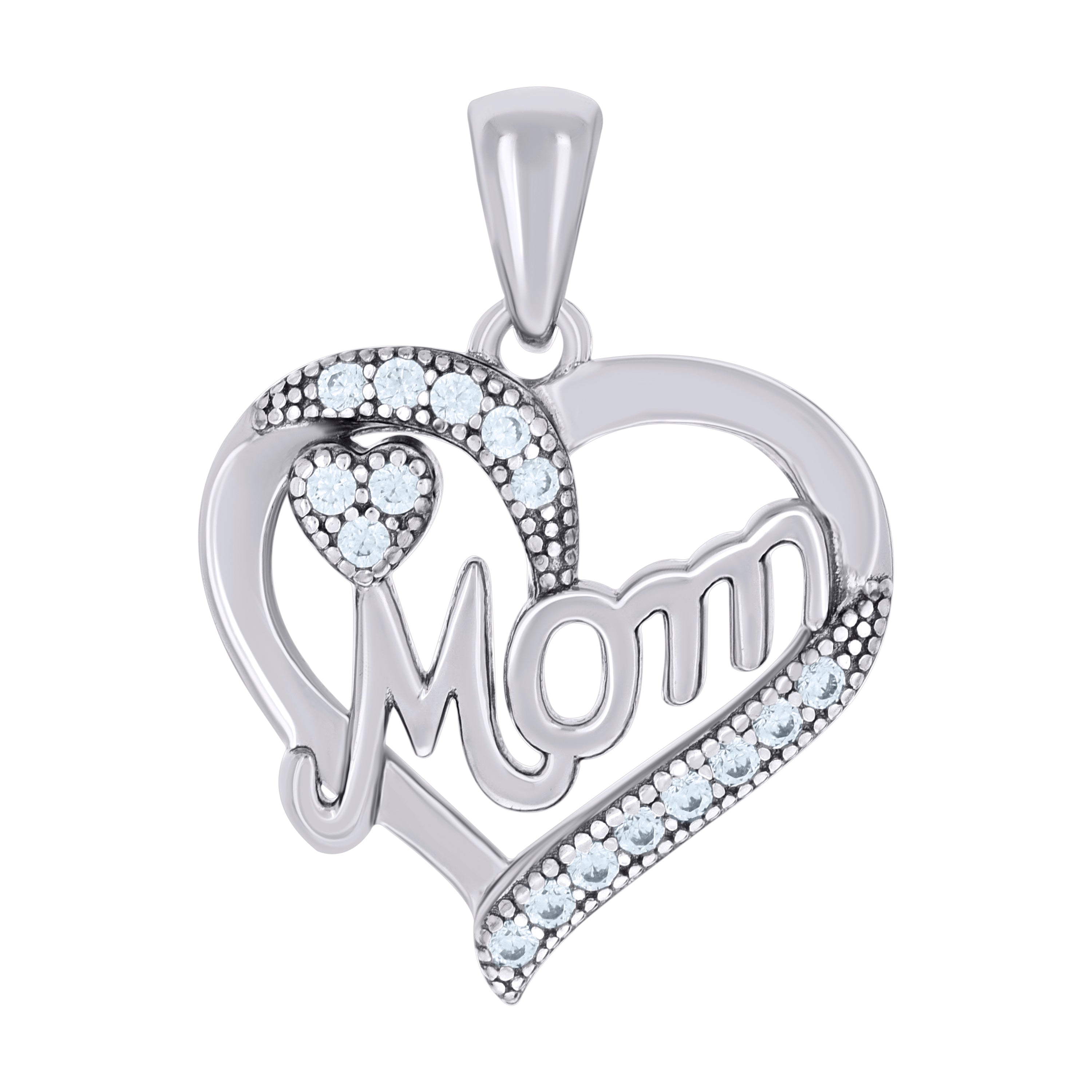 925 Sterling Silver Womens Cubic-Zirconia Heart Mom Charm Pendant