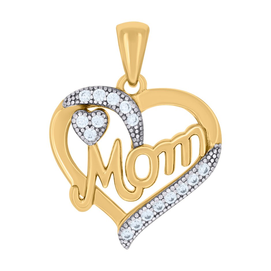 925 Sterling Silver Yellow-tone Womens Cubic-Zirconia Heart Mom Charm Pendant
