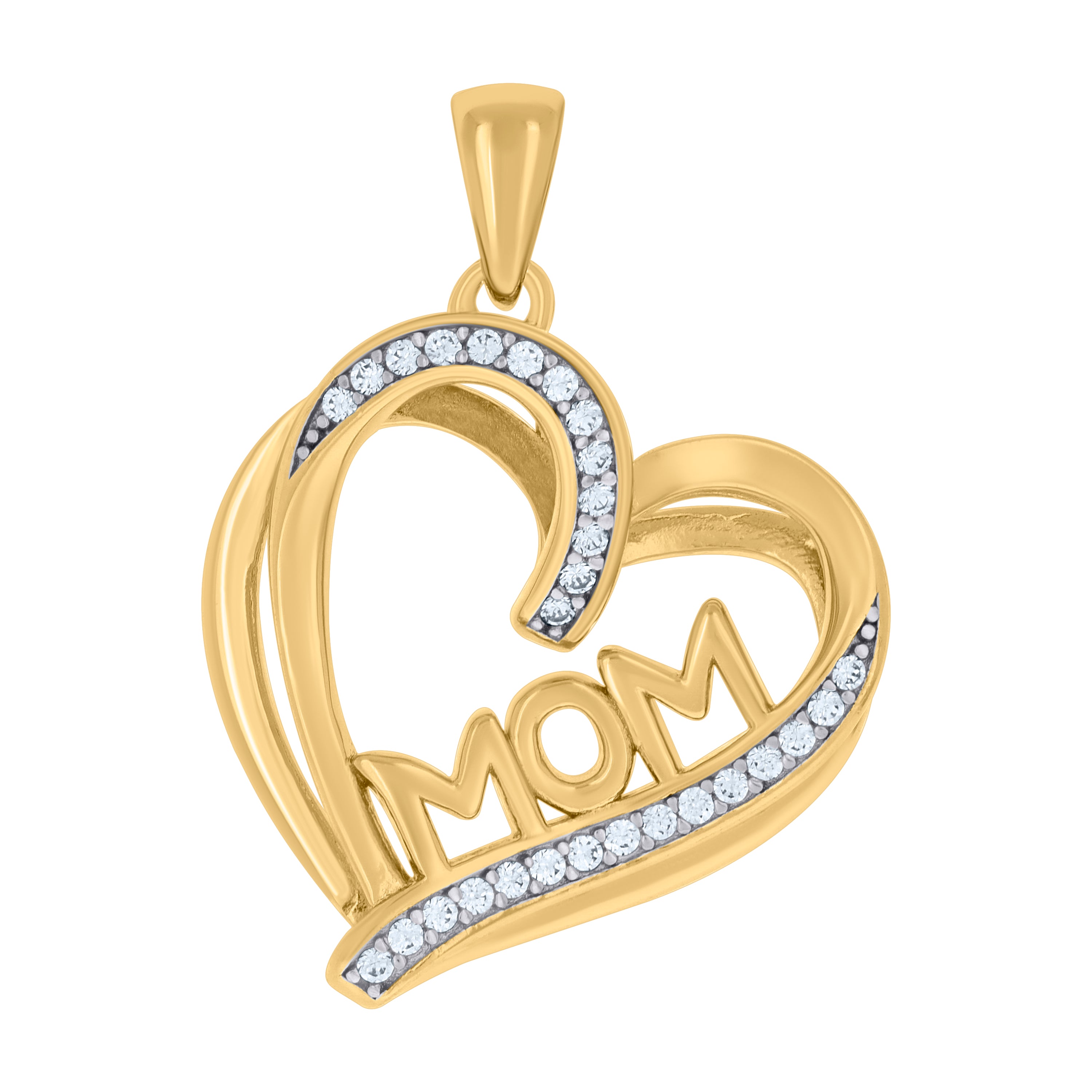 925 Sterling Silver Yellow-tone Womens Cubic-Zirconia Double Heart Mom Charm Pendant
