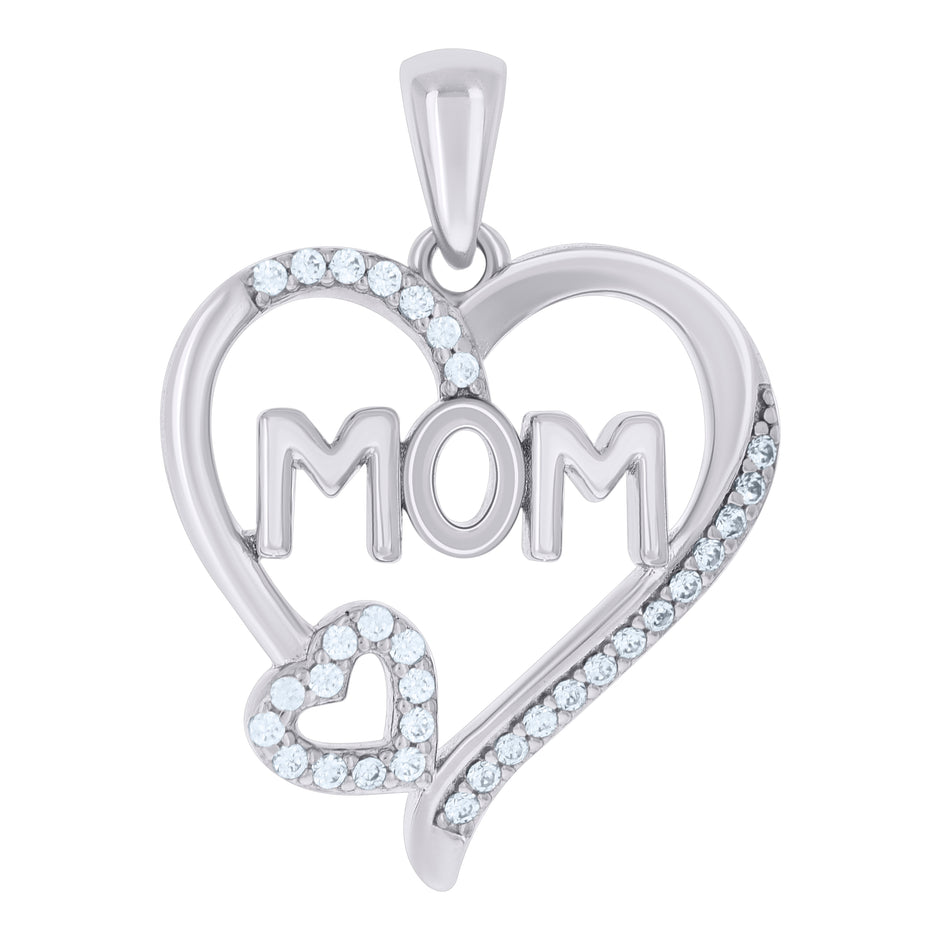 925 Sterling Silver Womens Cubic-Zirconia Double Heart Mom Charm Pendant