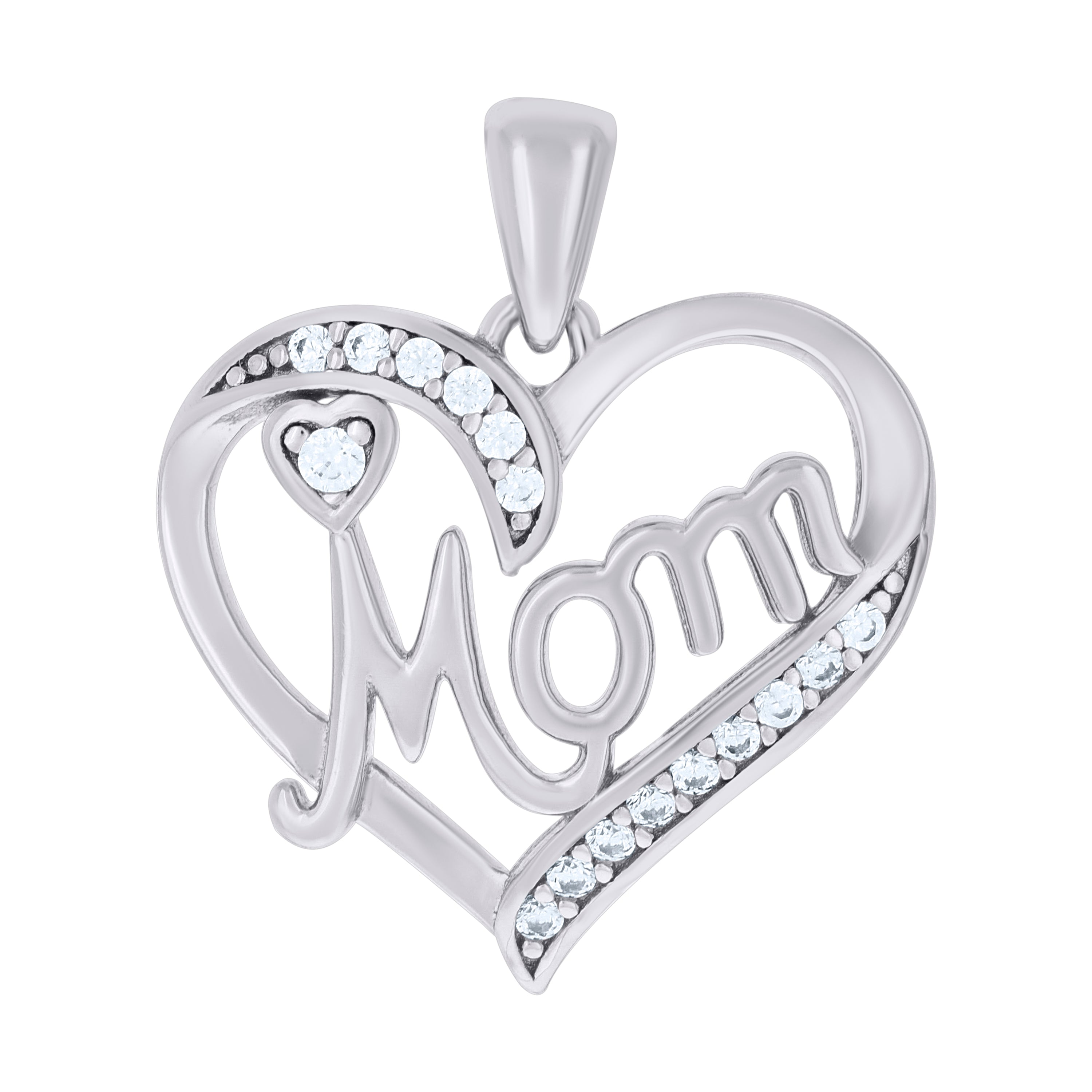 925 Sterling Silver Womens Cubic-Zirconia Heart Mom Charm Pendant