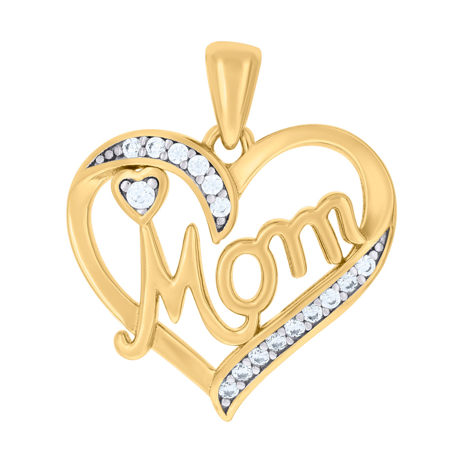 925 Sterling Silver Yellow-tone Womens Cubic-Zirconia Heart Mom Charm Pendant