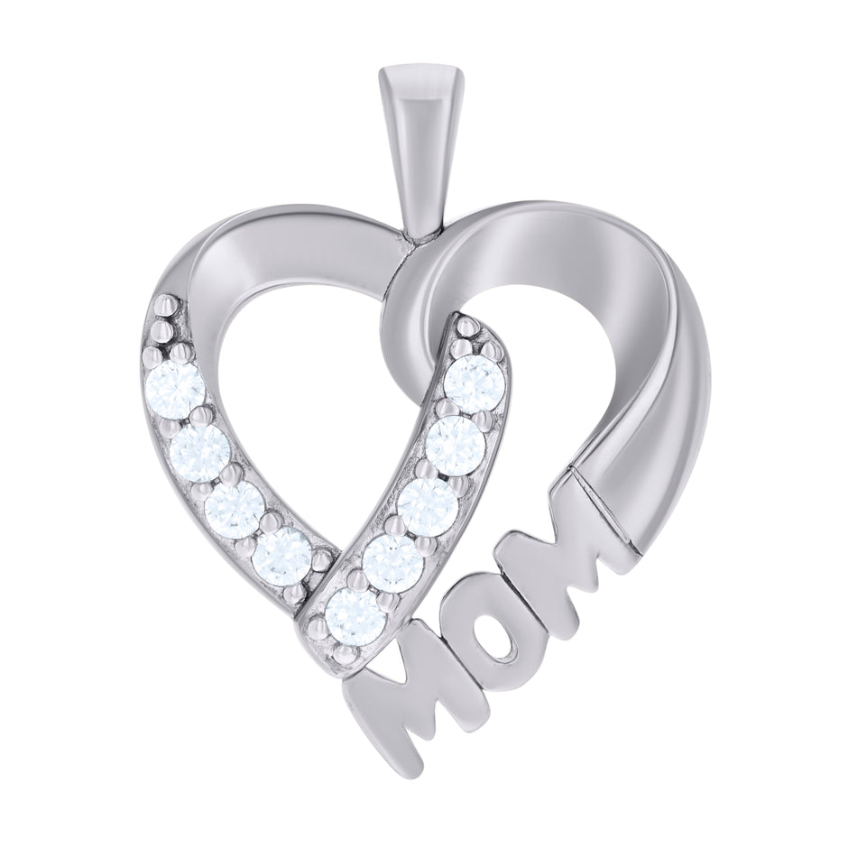 925 Sterling Silver Womens Cubic-Zirconia Heart Mom Charm Pendant